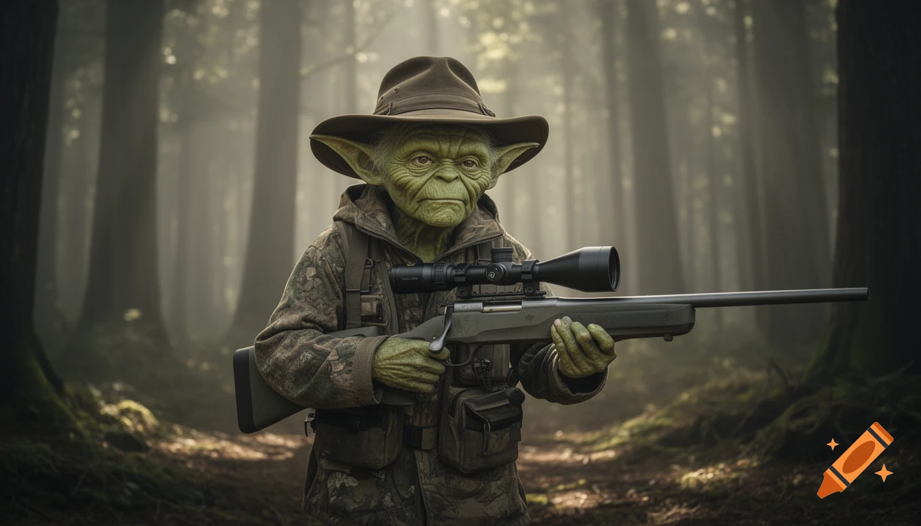 A hyper-realistic image of Yoda in hunting gear, holding a rifle in a misty forest, with cinematic lighting.