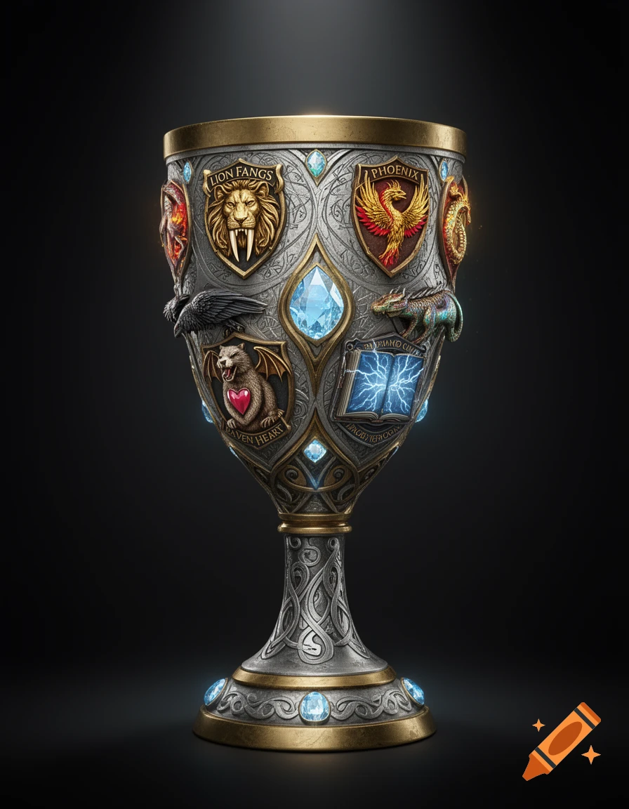An ornate, magical silver and gold chalice decorated with emblems of a lion, phoenix, raven, and a bat-like creature with a heart, featuring blue gemstones.