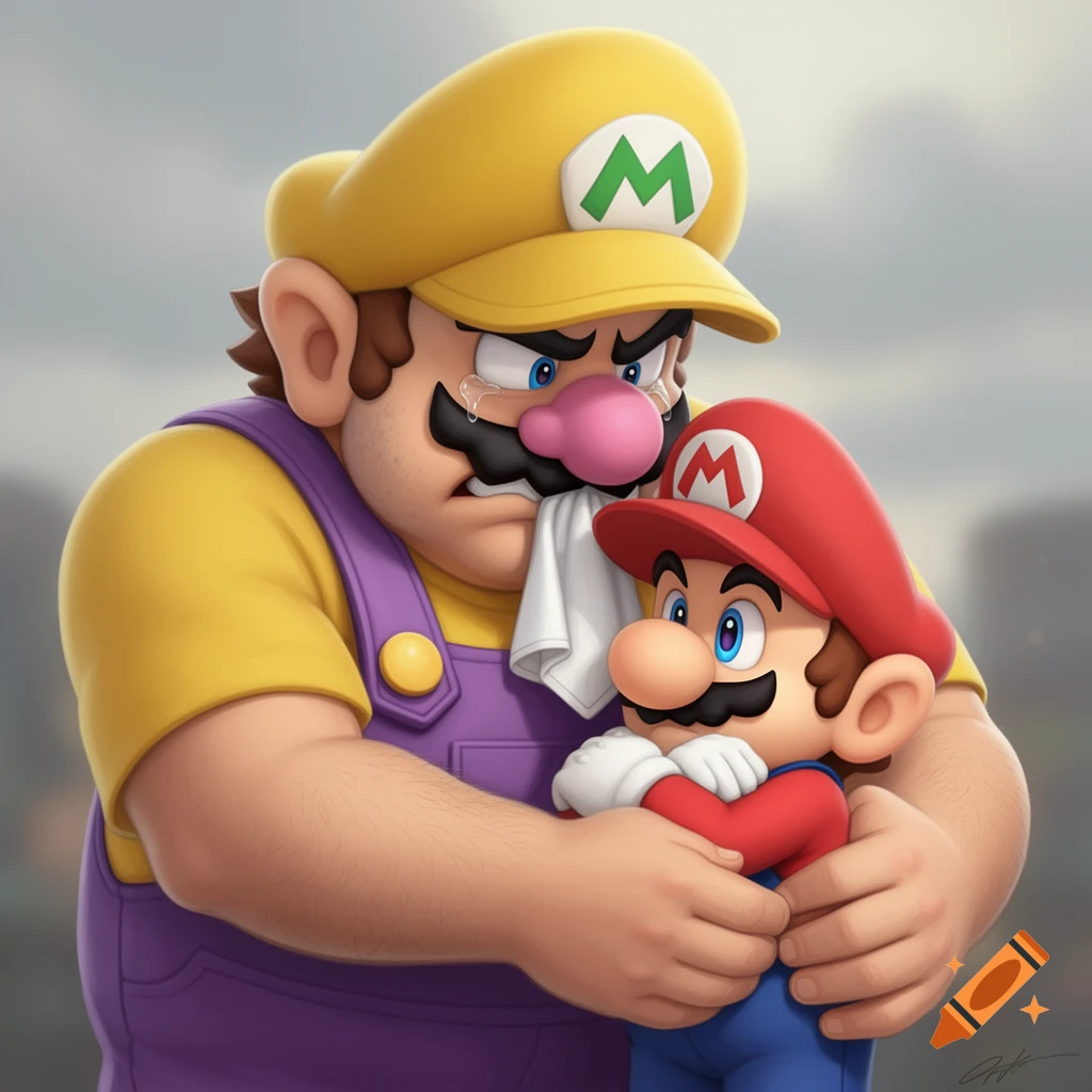 Wario, wearing a yellow hat with a green M and purple overalls, cries while gently hugging a small Mario, who wears his iconic red hat with a red M and blue overalls.