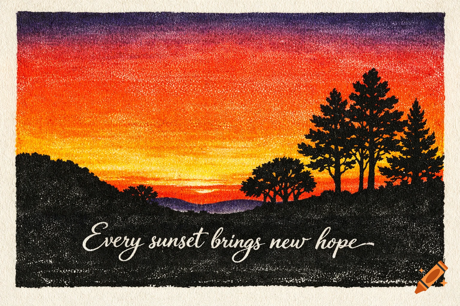 A printmaking artwork showing a vibrant sunset with a gradient sky, silhouetted trees, and the quote 'Every sunset brings new hope'.