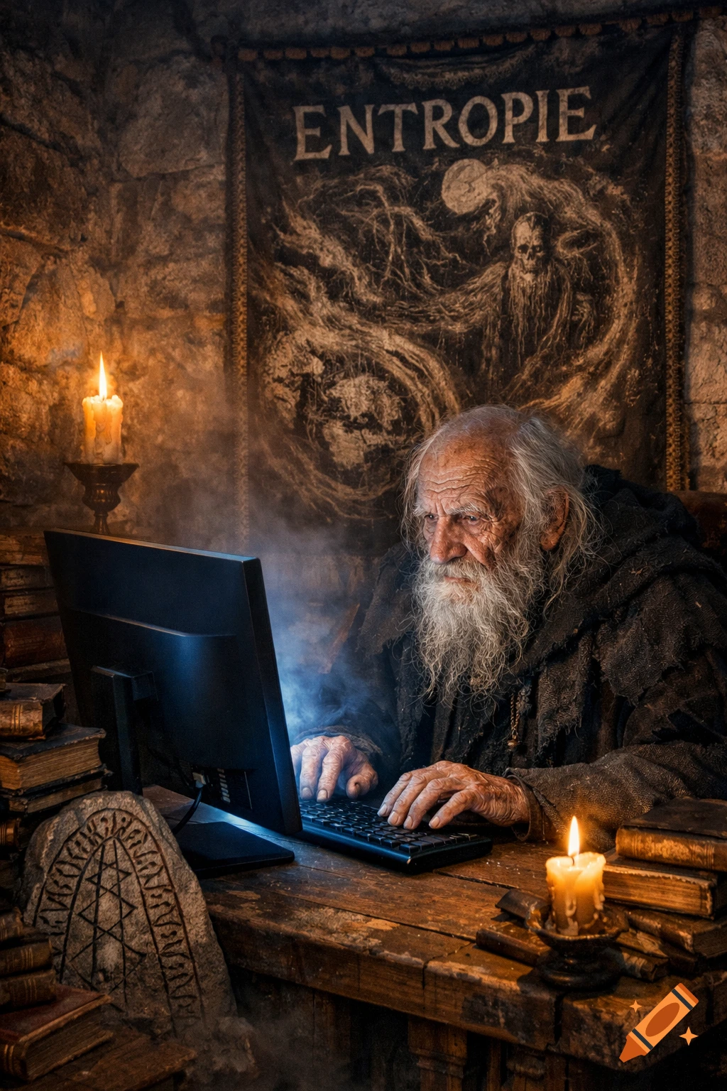 An old man with a long white beard types on a PC in a dimly lit, rustic room with candles, books, and a banner reading 'ENTROPIE' behind him. Photorealistic.