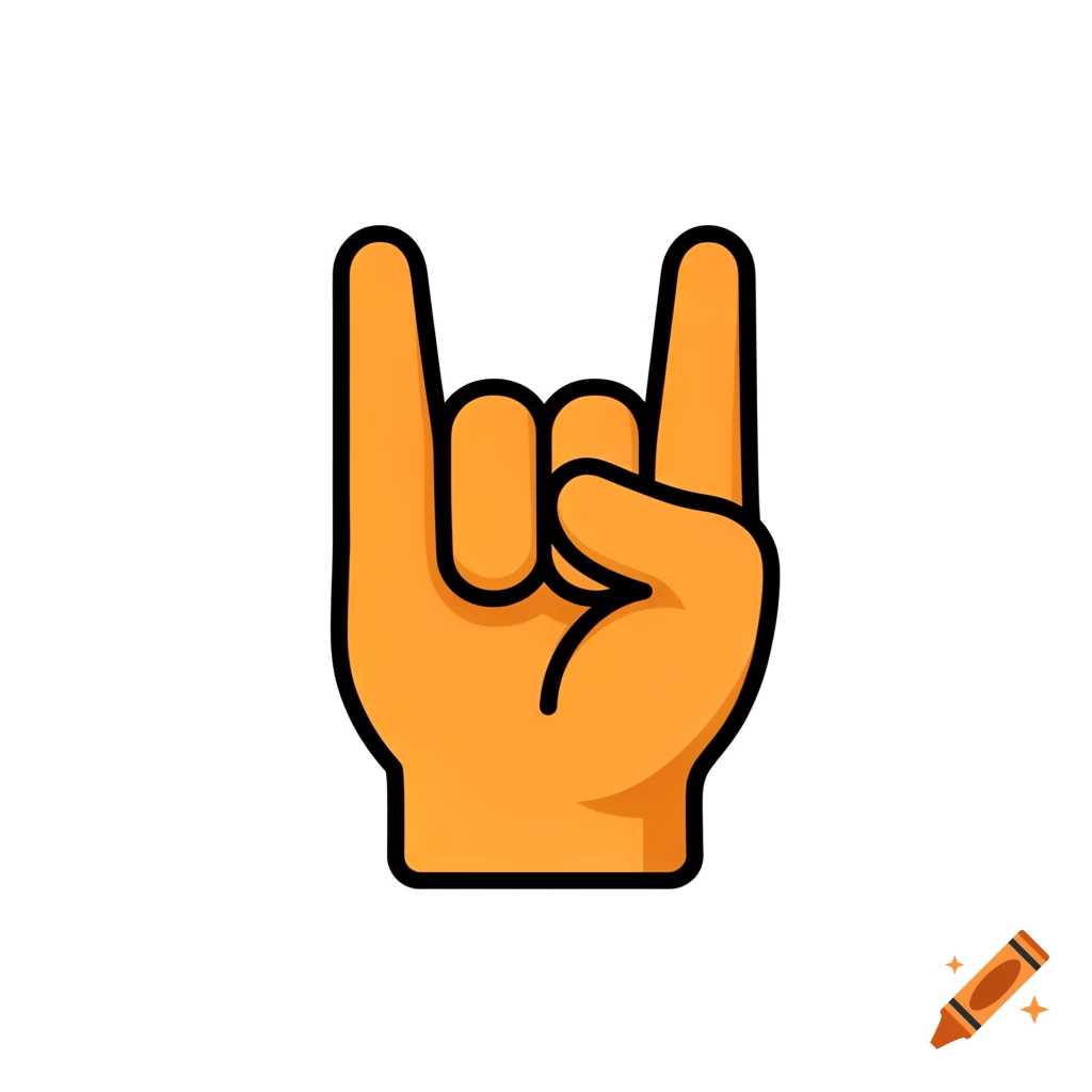 An emoji-style orange hand with thick black outlines makes the 'rock on' or 'horns up' gesture with the index and pinky fingers extended.