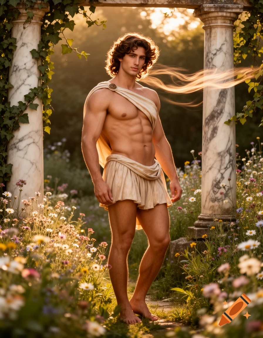 A muscular man resembling a Greek god, wearing a toga, stands barefoot among wildflowers between two marble columns in a sunlit garden.