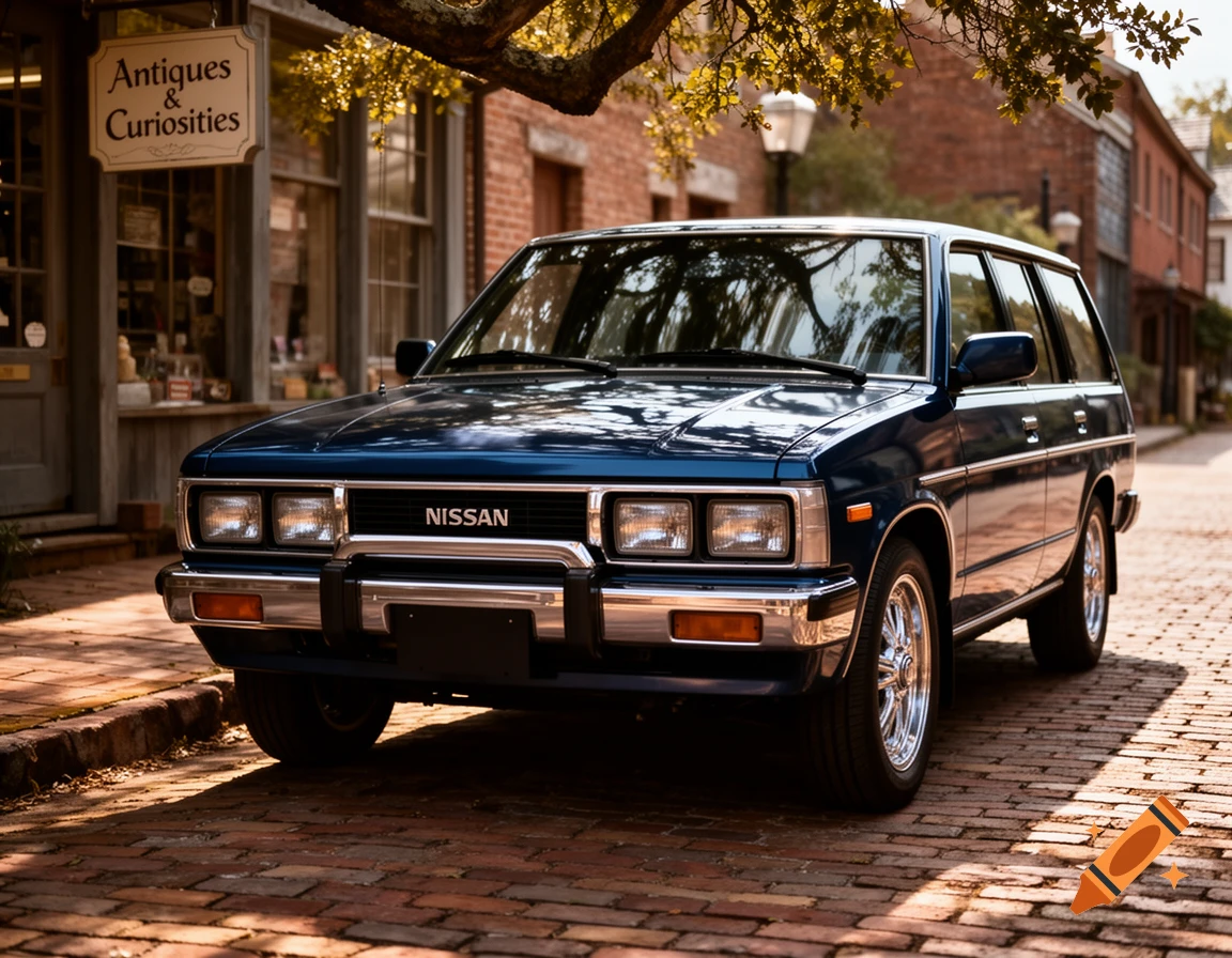 A dark blue vintage Nissan station wagon parked on a brick street in front of an 'Antiques & Curiosities' shop, bathed in sunlight.