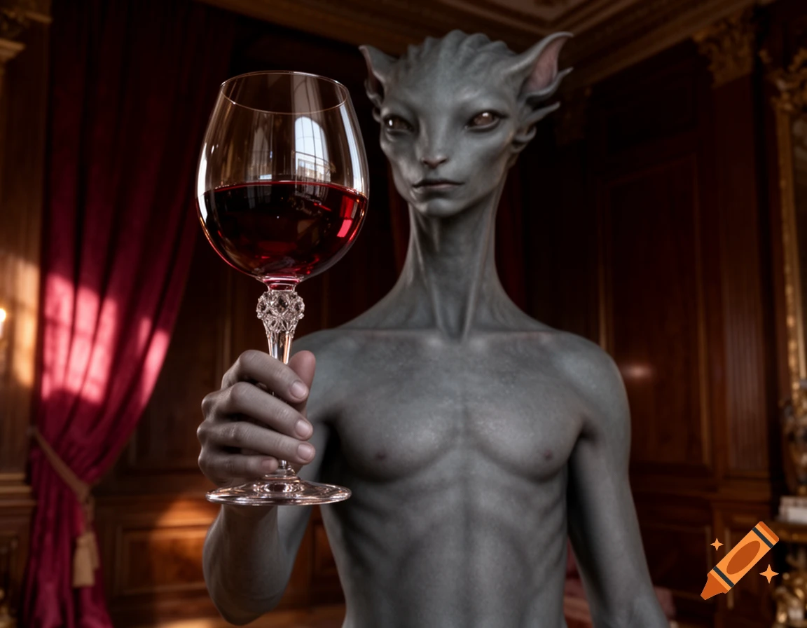 A grey alien-like humanoid figure with pointed ears holds a large glass of red wine in a richly decorated room with red curtains.