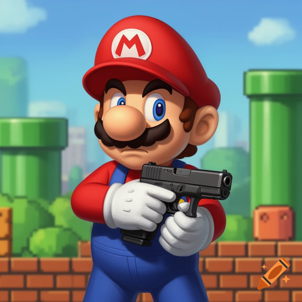 Mario, in his classic red cap and blue overalls, holds a black Glock 19 pistol with a serious expression, standing in a pixelated Mario Bros. world with green pipes and brick walls under a blue sky.