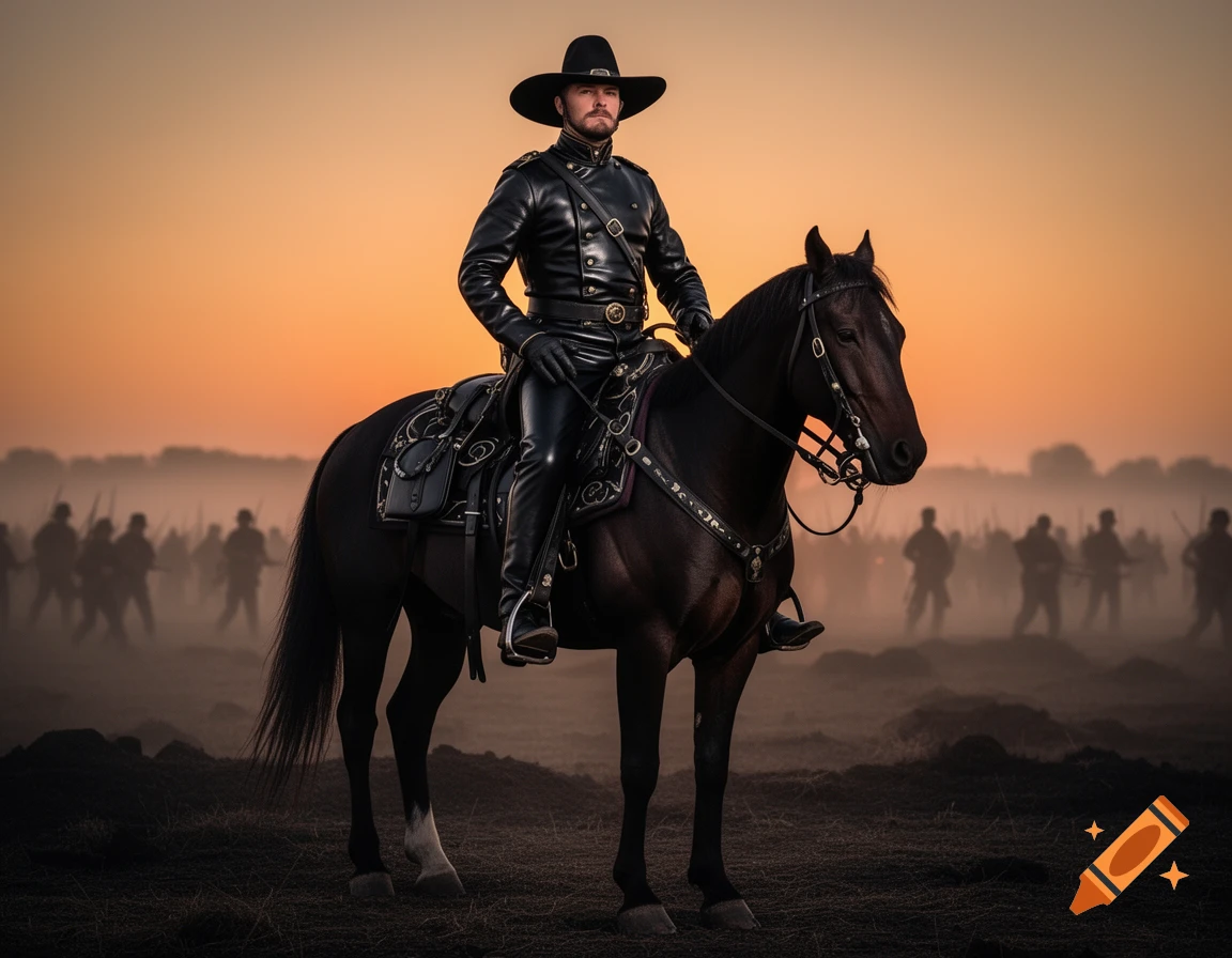 A man in a black leather uniform and hat rides a dark horse against an orange sunset, with silhouetted soldiers in a misty background.