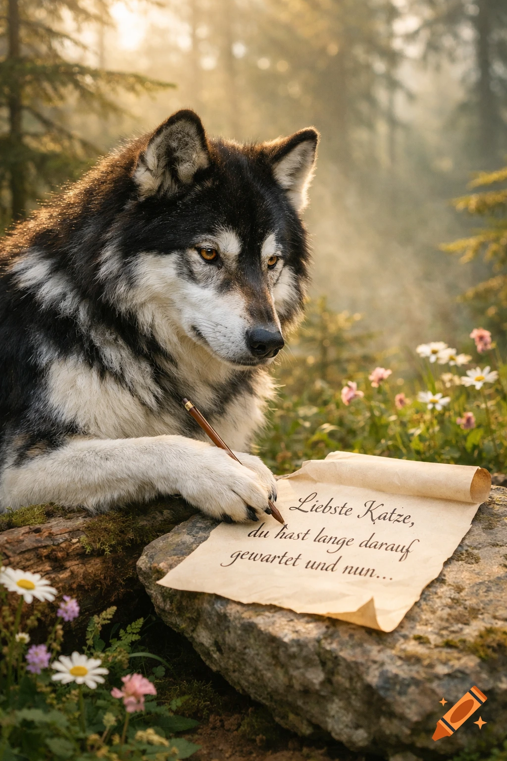 Photorealistic image of a wolf writing a letter on a scroll in a misty ...