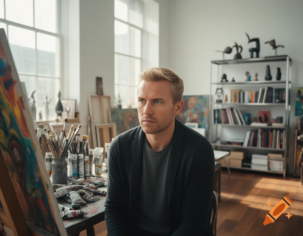 A thoughtful blonde man with blue eyes sits in an art studio, surrounded by paint tubes, brushes, and canvases.