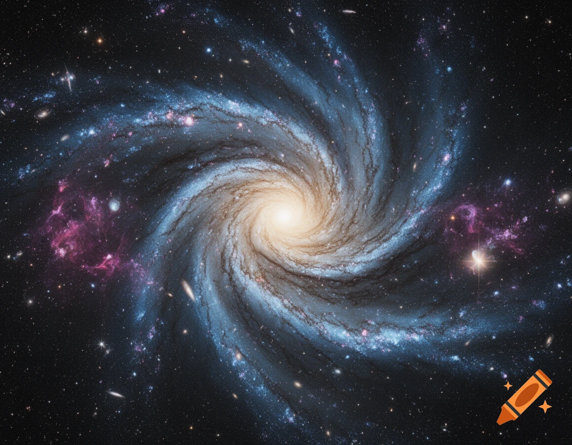 A vibrant spiral galaxy with a bright core, swirling blue and white arms, and pink nebulae against a star-filled dark space.