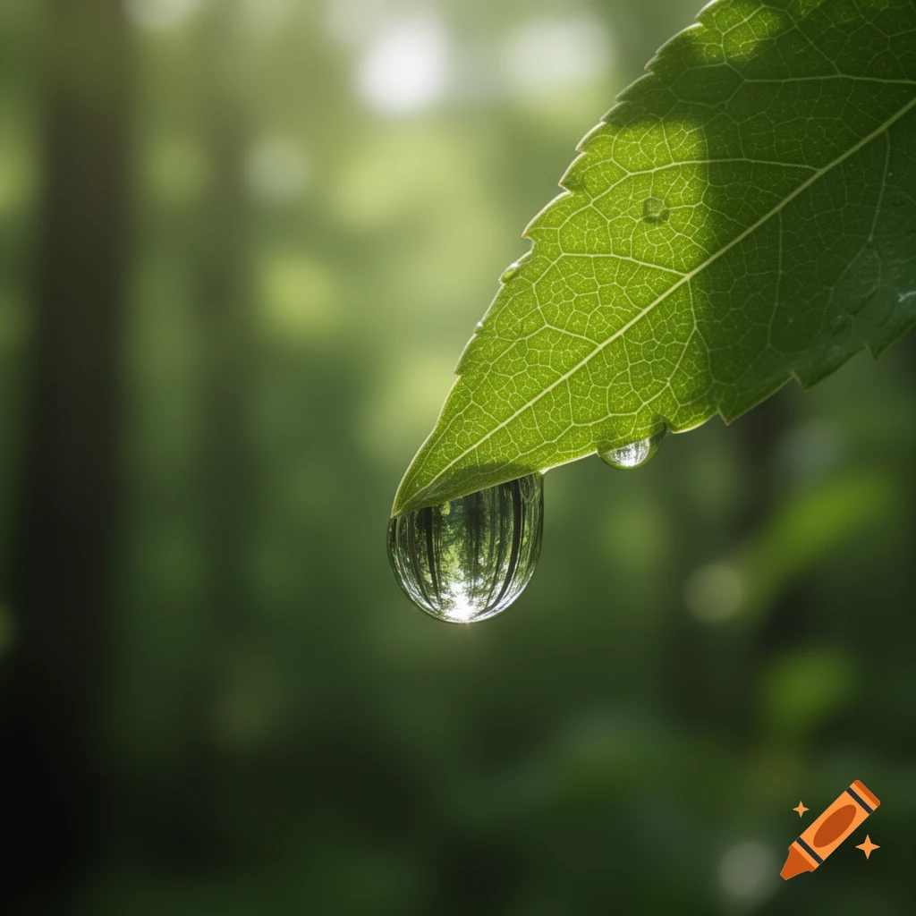 A close-up of a vibrant green leaf with a large, crystal-clear water droplet hanging from its tip, reflecting inverted forest trees.
