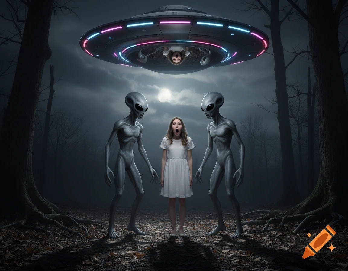 A terrified girl stands between two grey aliens in a dark, eerie forest at night, with a glowing UFO hovering overhead.