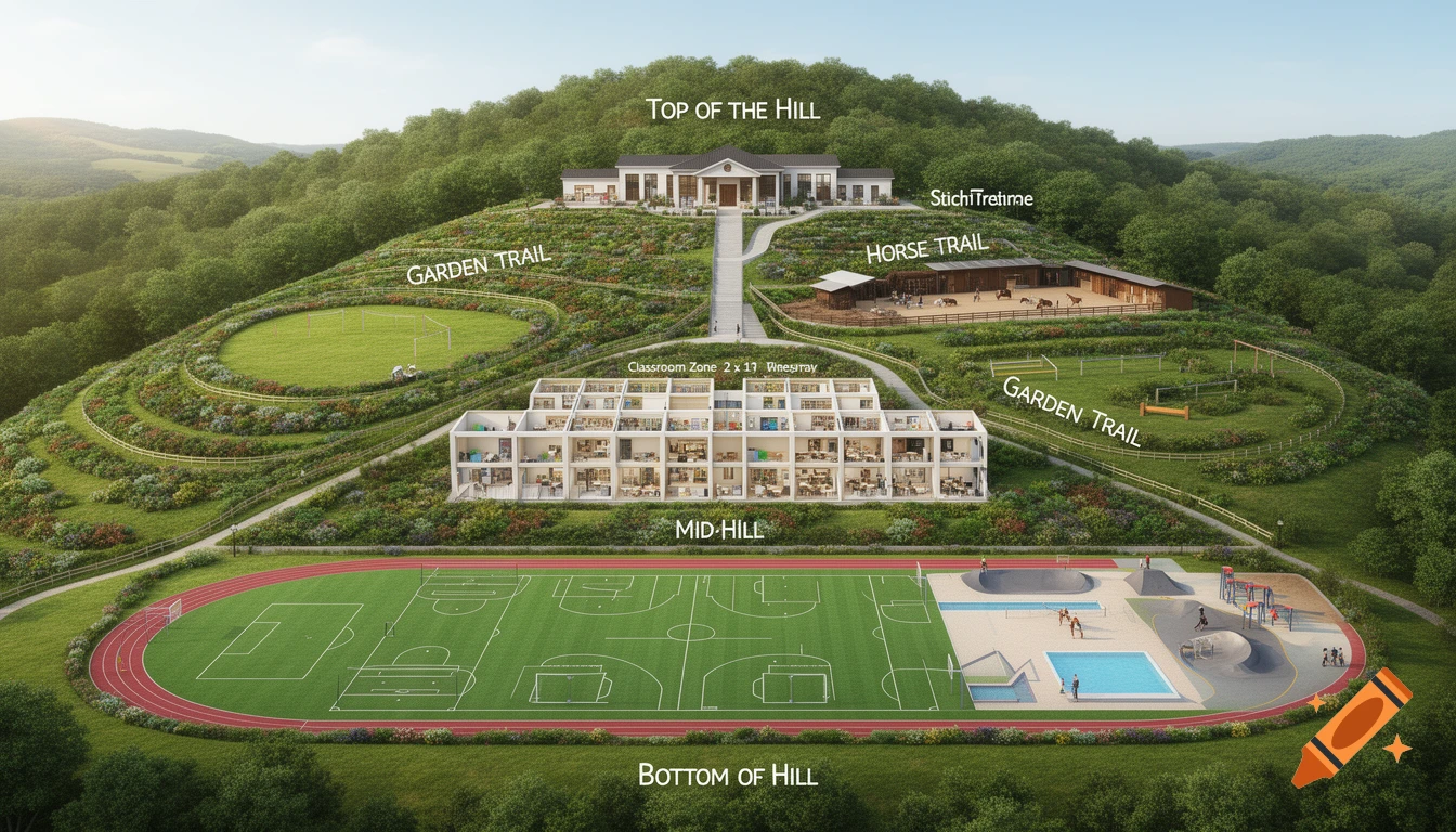 An aerial architectural rendering of a multi-tiered campus built into a green hill, featuring a large main building at the top, a classroom block in the middle, and sports facilities with a track, fields, pools, and a skate park at the bottom. Trails and greenery surround the structures.