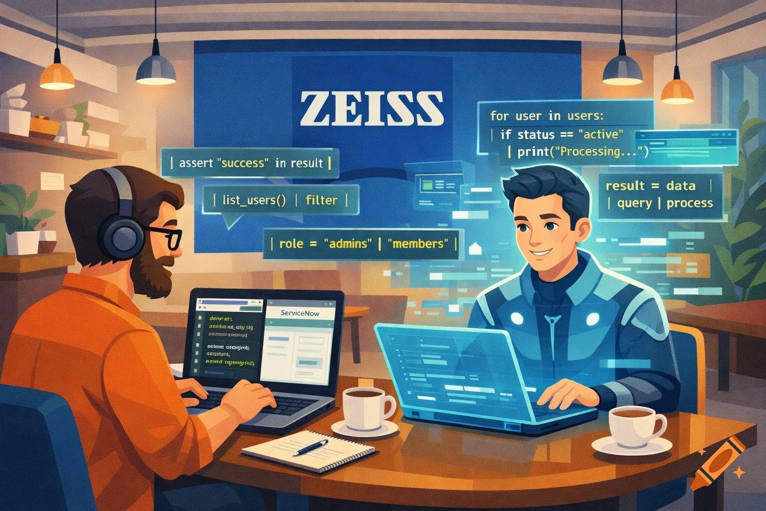 A cartoonish illustration of two men, one an automation engineer and the other an AI avatar, working on laptops in a modern cafe with floating code snippets and ZEISS branding.