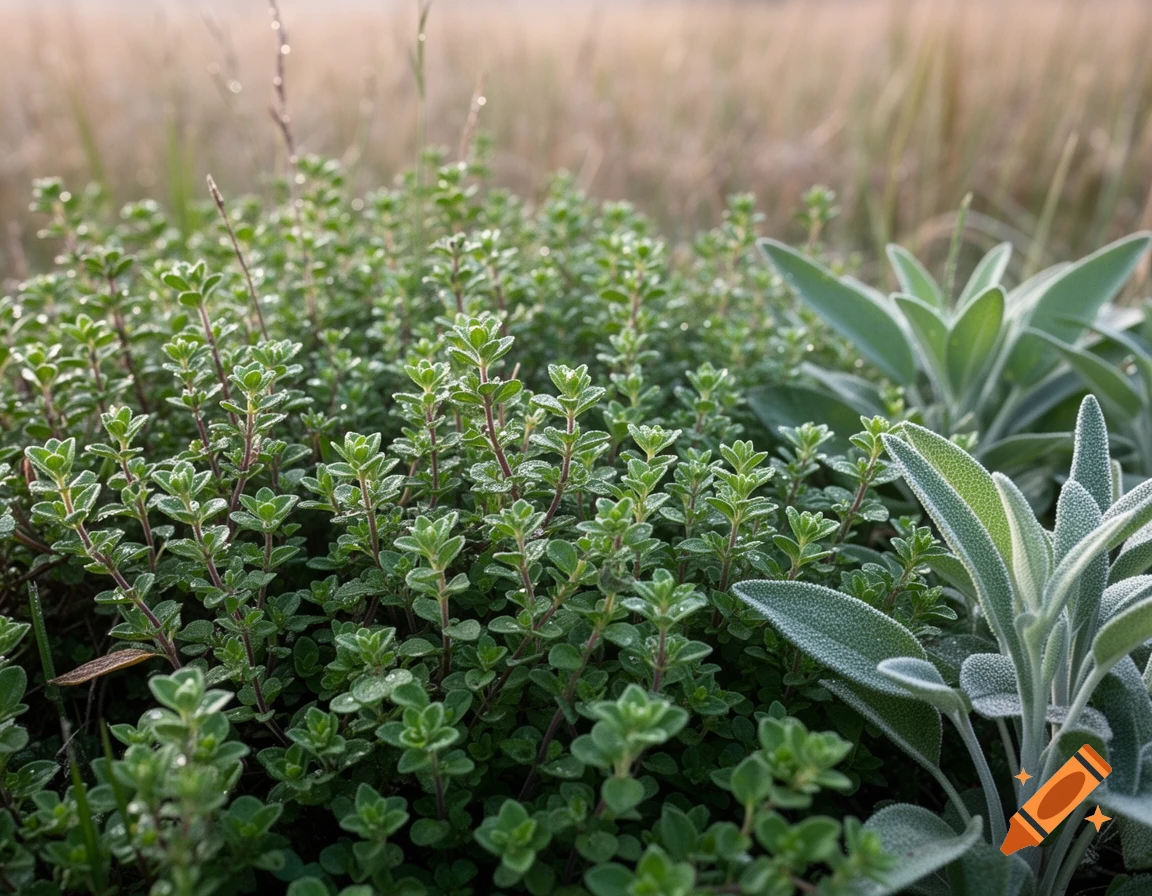 Close-up of a vibrant patch of green thyme and sage plants, covered in small water droplets or dew.