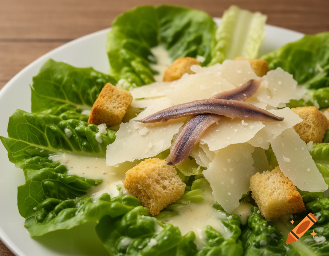 Close-up of a Caesar salad with romaine lettuce, croutons, parmesan, anchovies, and dressing.