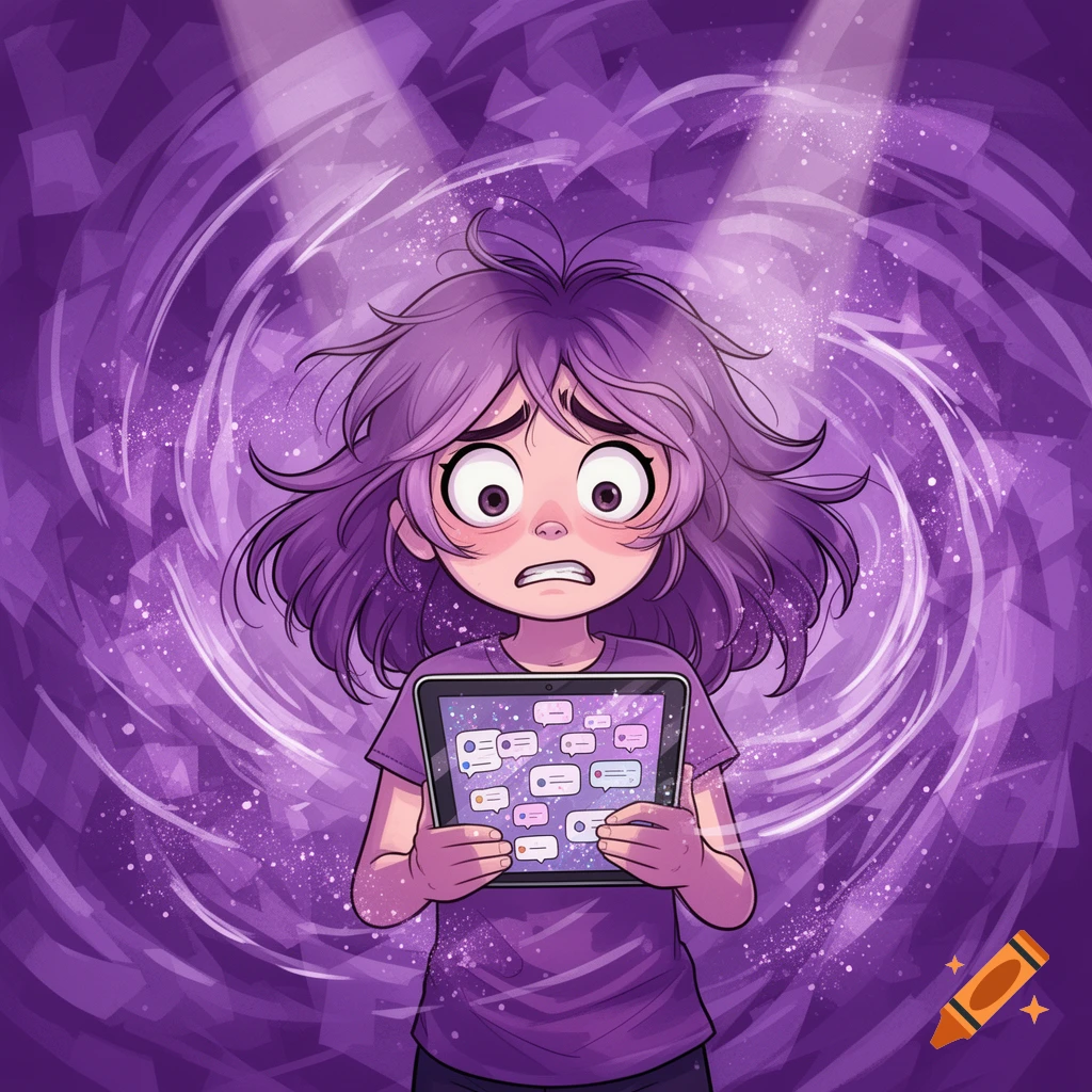 Cartoon illustration of a stressed girl with purple hair, holding a tablet displaying many message bubbles, against a purple swirling background.