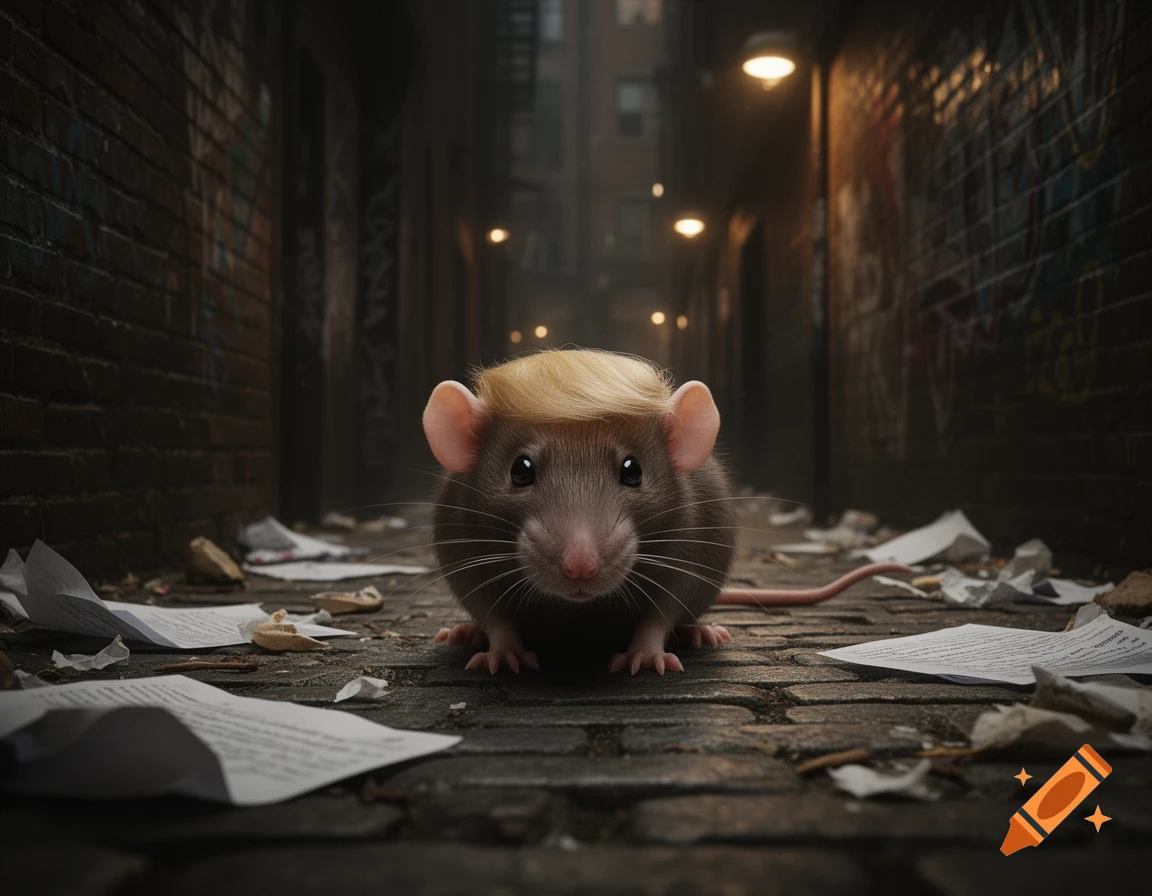 A photorealistic brown rat with a blonde combover, reminiscent of Donald Trump, crouches on a brick-paved alley floor, surrounded by scattered papers and dim overhead lights.