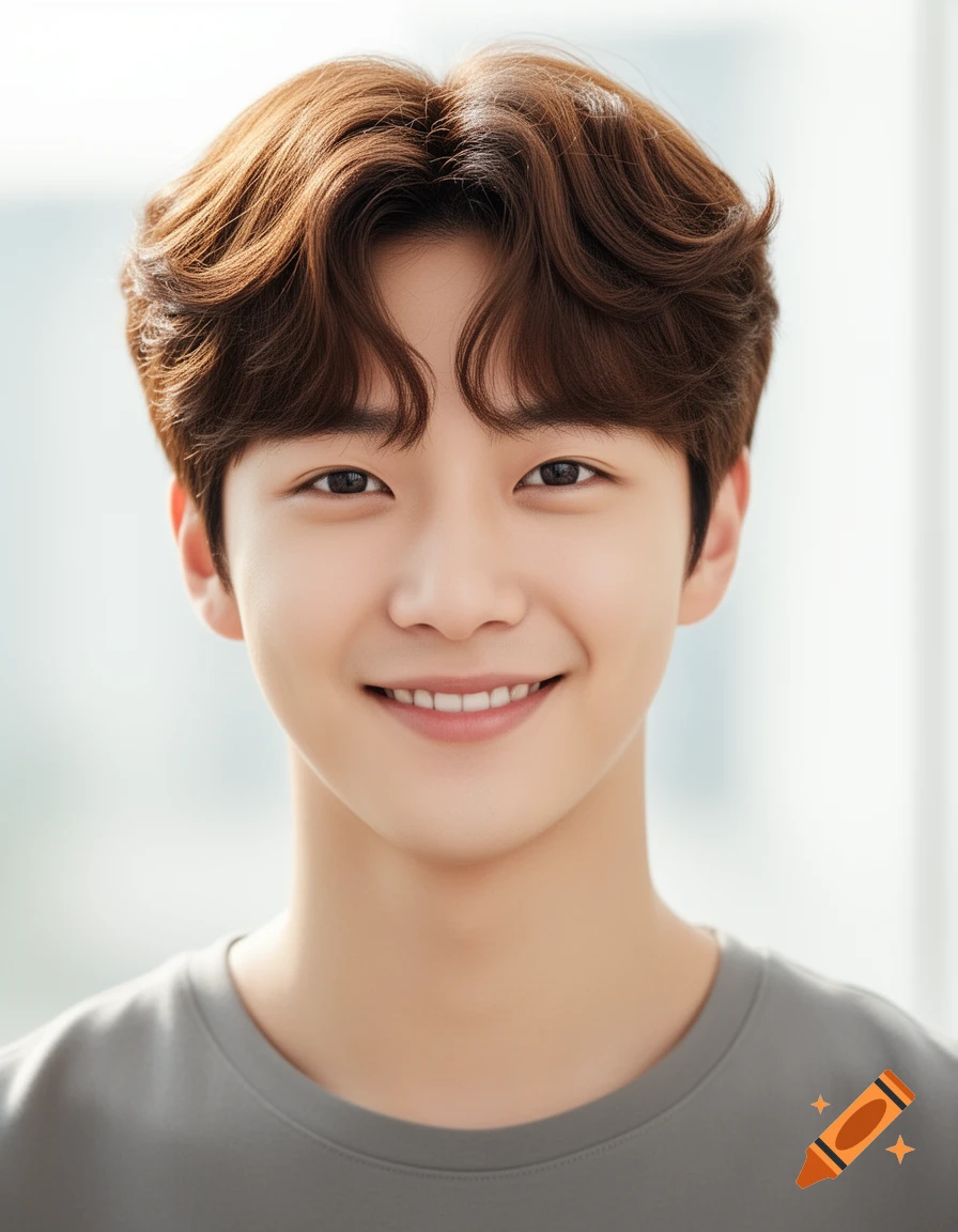 A young Korean man with brown wavy hair smiles at the camera in a photorealistic portrait. He wears a grey t-shirt.
