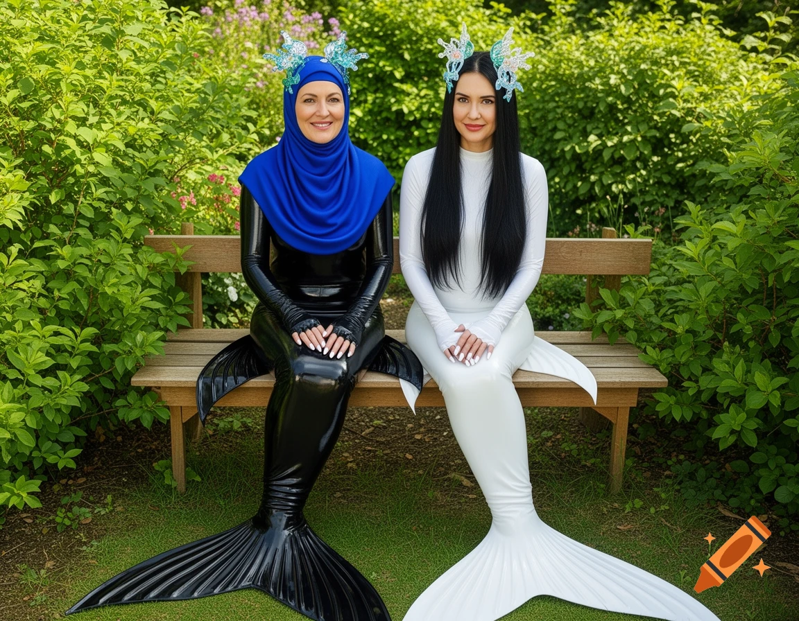 Two women in black and white mermaid costumes with headdresses sit on a wooden bench in a lush garden.