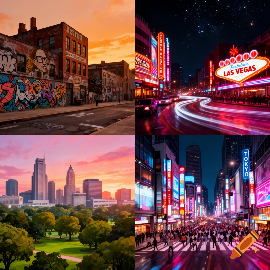 A four-panel collage featuring diverse cityscapes: a graffiti-covered street in Detroit, a neon-lit Las Vegas strip at night, a green park with a skyline at sunset, and a bustling Tokyo street at night.