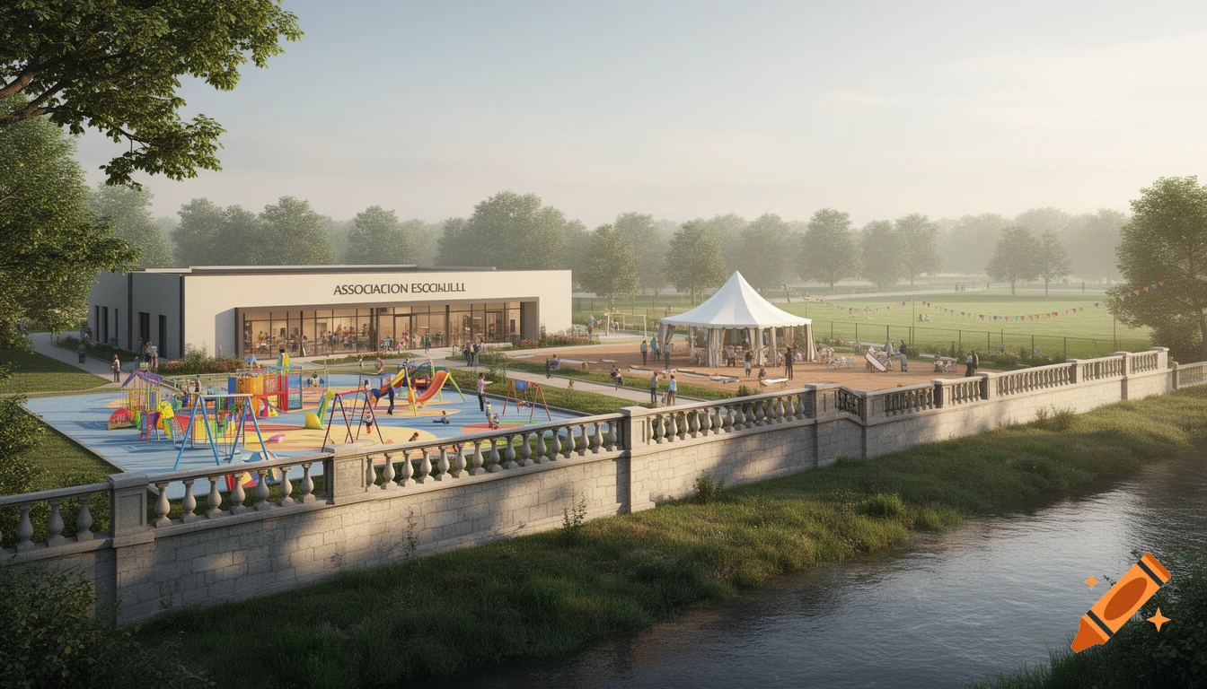 Photorealistic architectural rendering of a community center, a colorful playground, and a large white tent by a river.