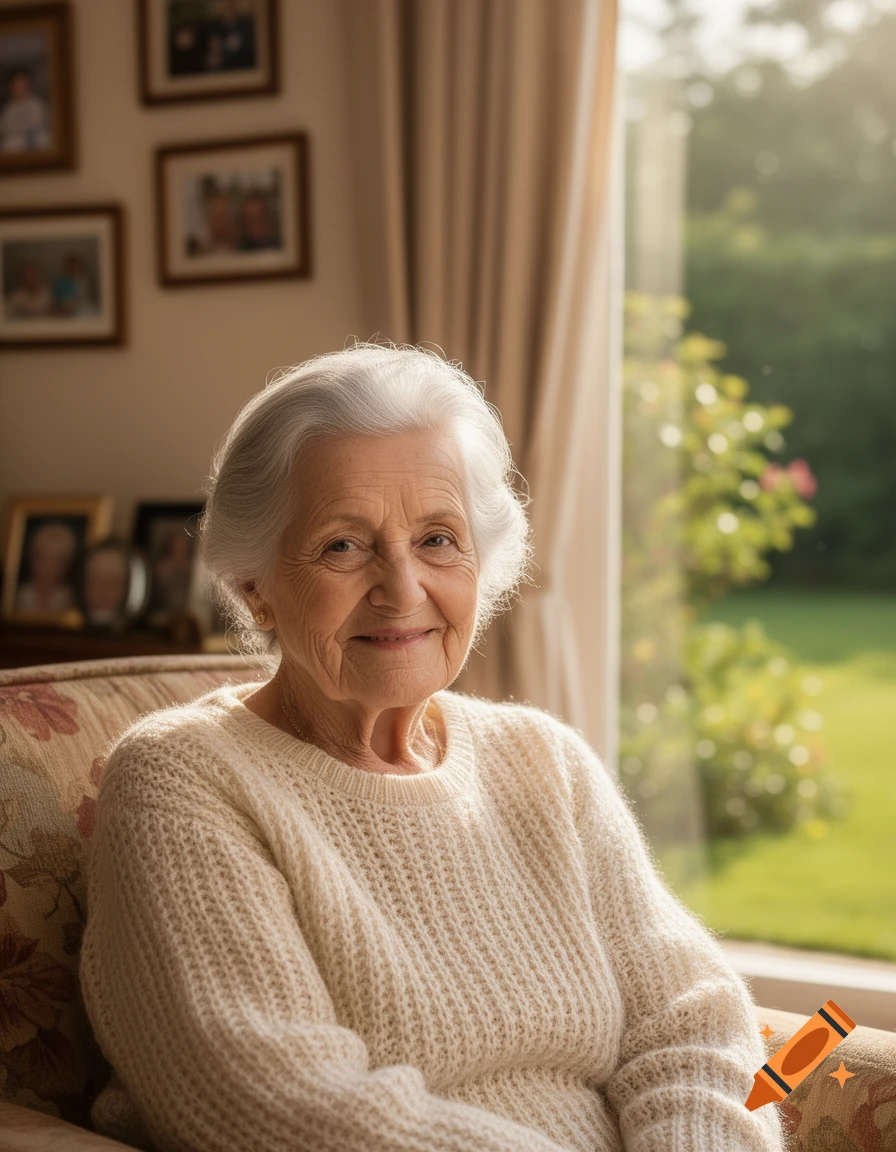 Smiling elderly woman with white hair sitting in an armchair by a sunlit window overlooking a garden.