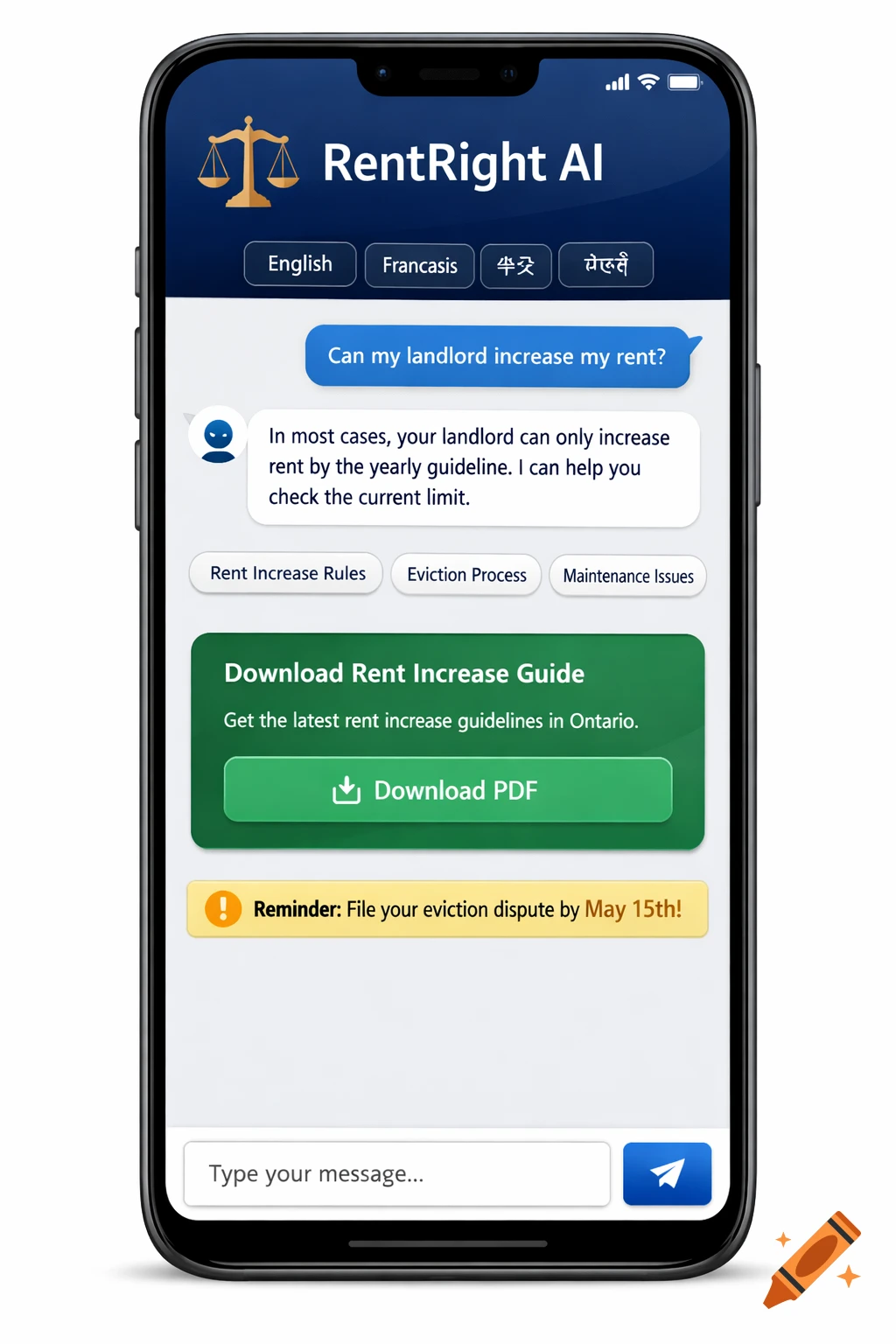 Clean mockup of a smartphone screen showing the RentRight AI chatbot app with a conversation about rent increases, download button, and a reminder.
