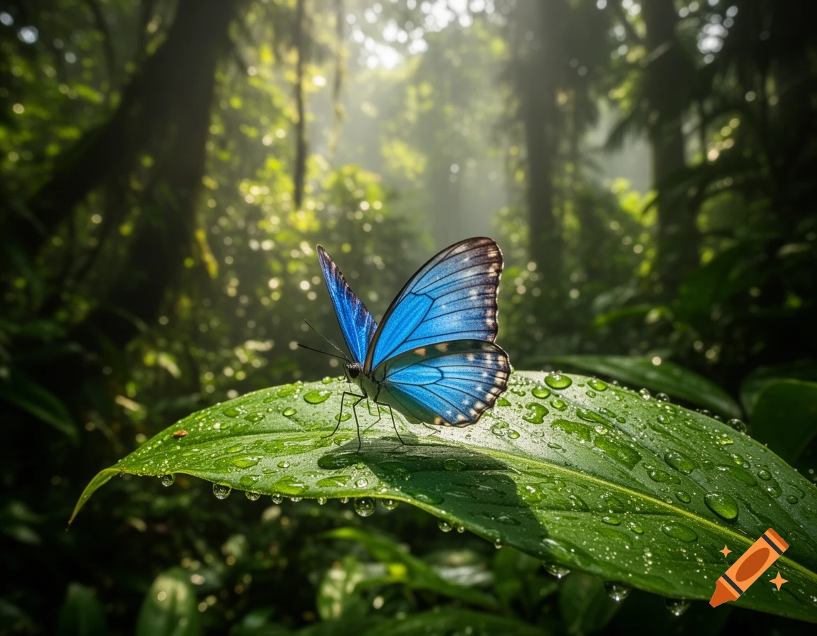 A vibrant blue butterfly rests on a dew-covered green leaf in a sunlit, misty rainforest, photorealistic.