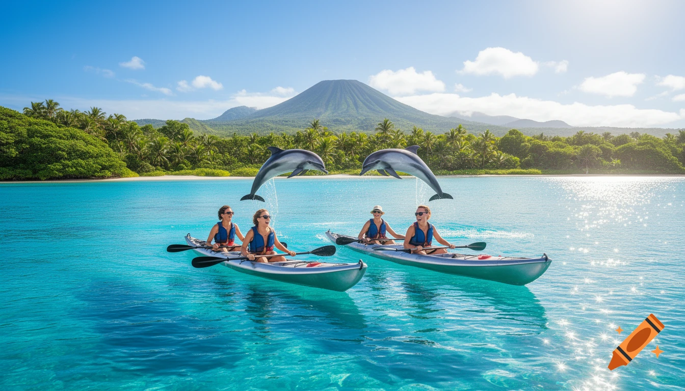 Four people kayak in clear blue tropical water with two dolphins jumping. Lush green island and mountain under a sunny sky.