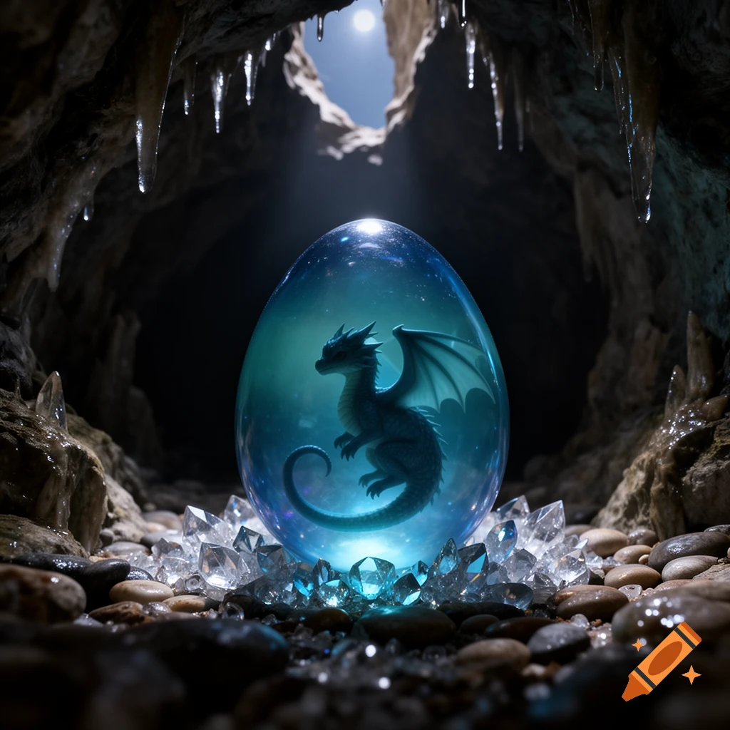 A glowing blue dragon egg containing a baby dragon silhouette sits on clear crystals in a dark, moonlit cave.