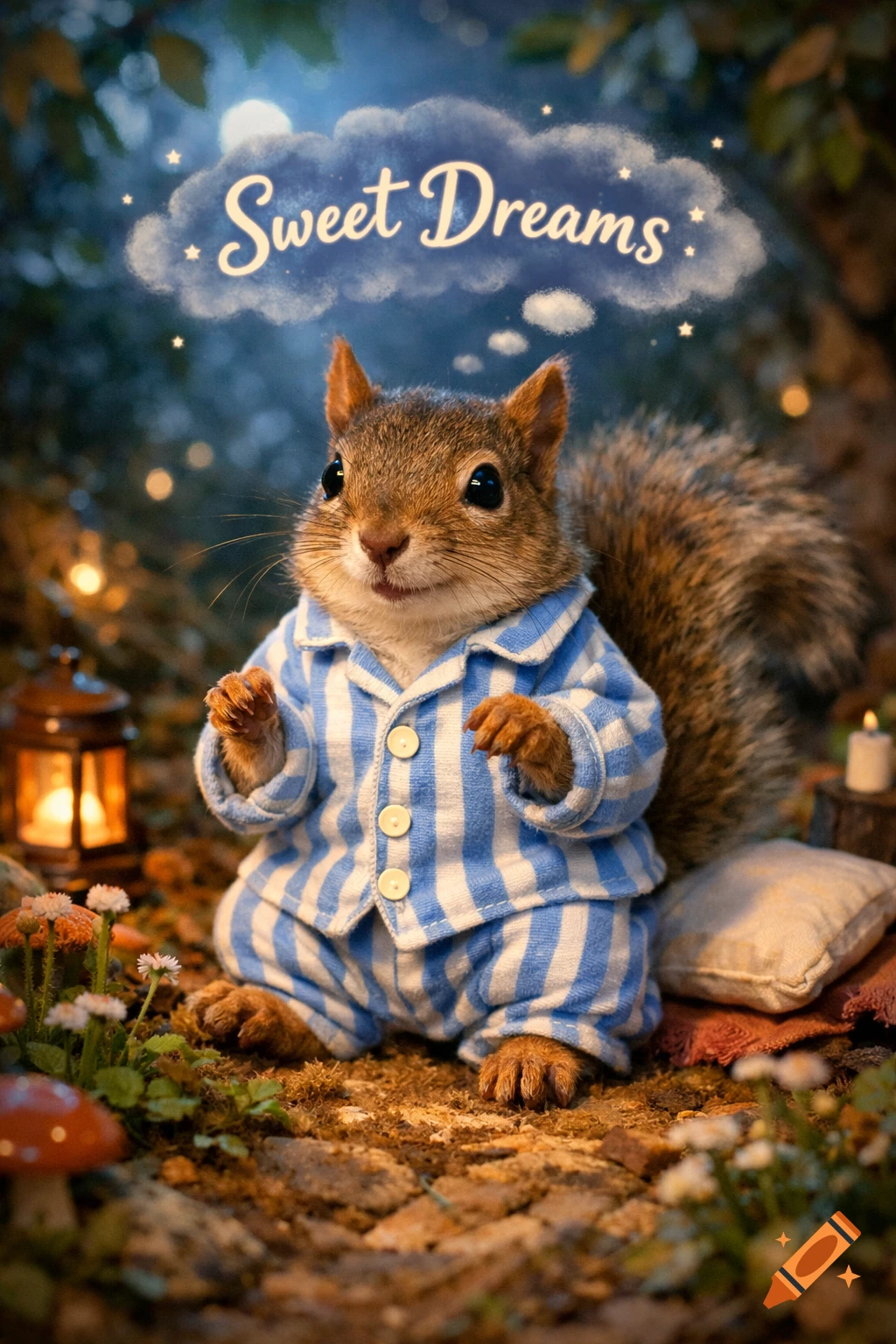 A cute squirrel in blue and white striped pajamas sits in a whimsical forest setting, with 'Sweet Dreams' in a thought bubble.