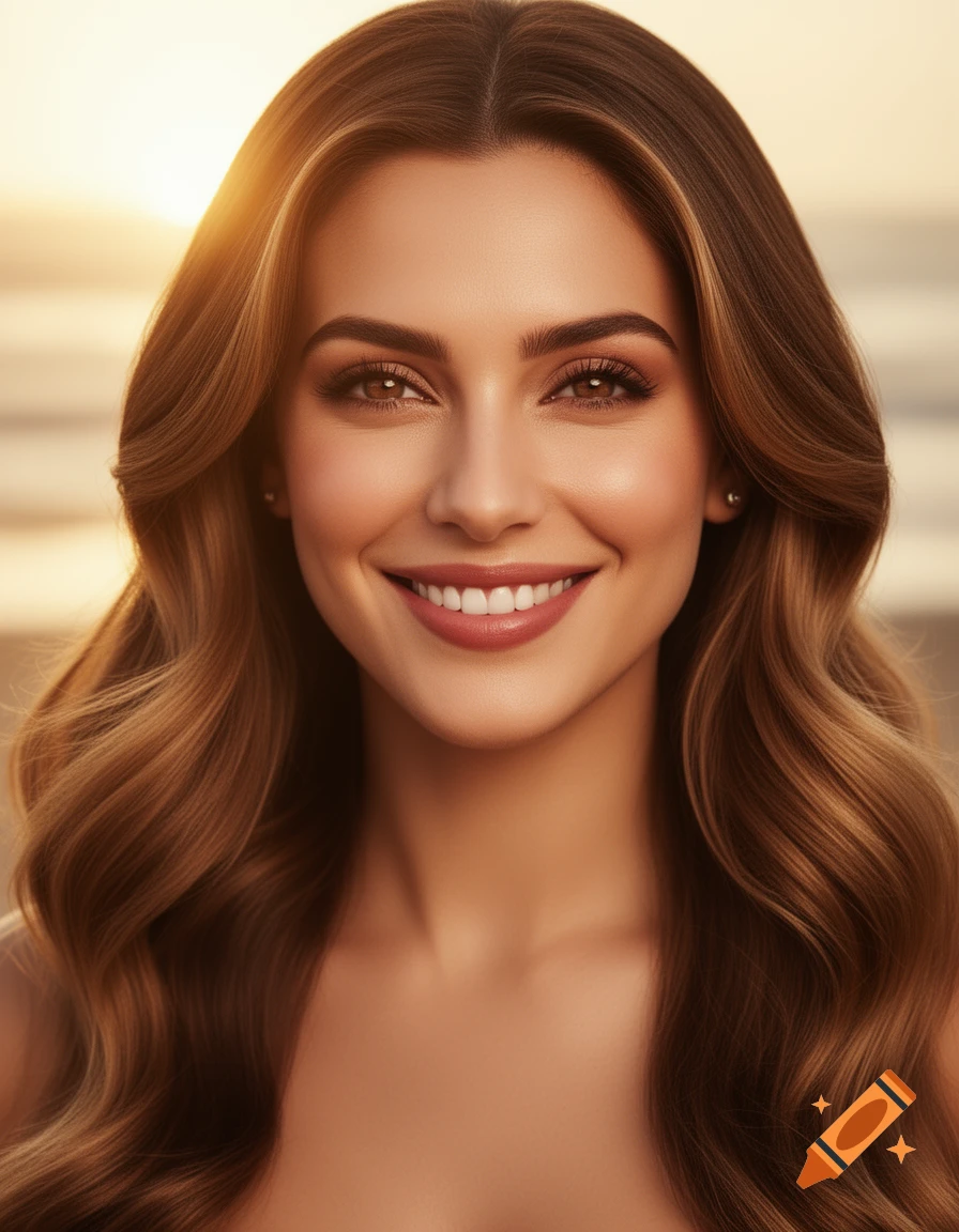 Photorealistic portrait of a smiling woman with long wavy brown hair ...