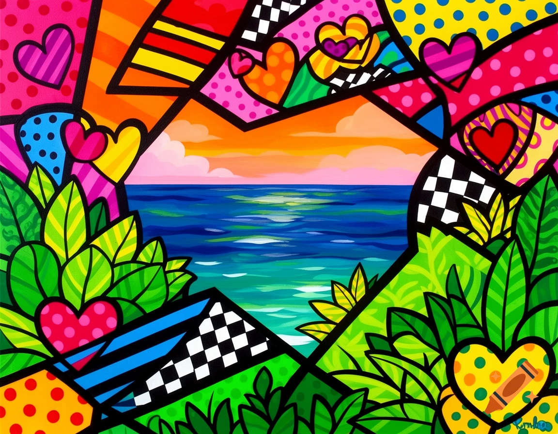 Vibrant Pop Art landscape in Romero Britto style, with geometric patterns, hearts, and lush leaves framing an ocean sunset.