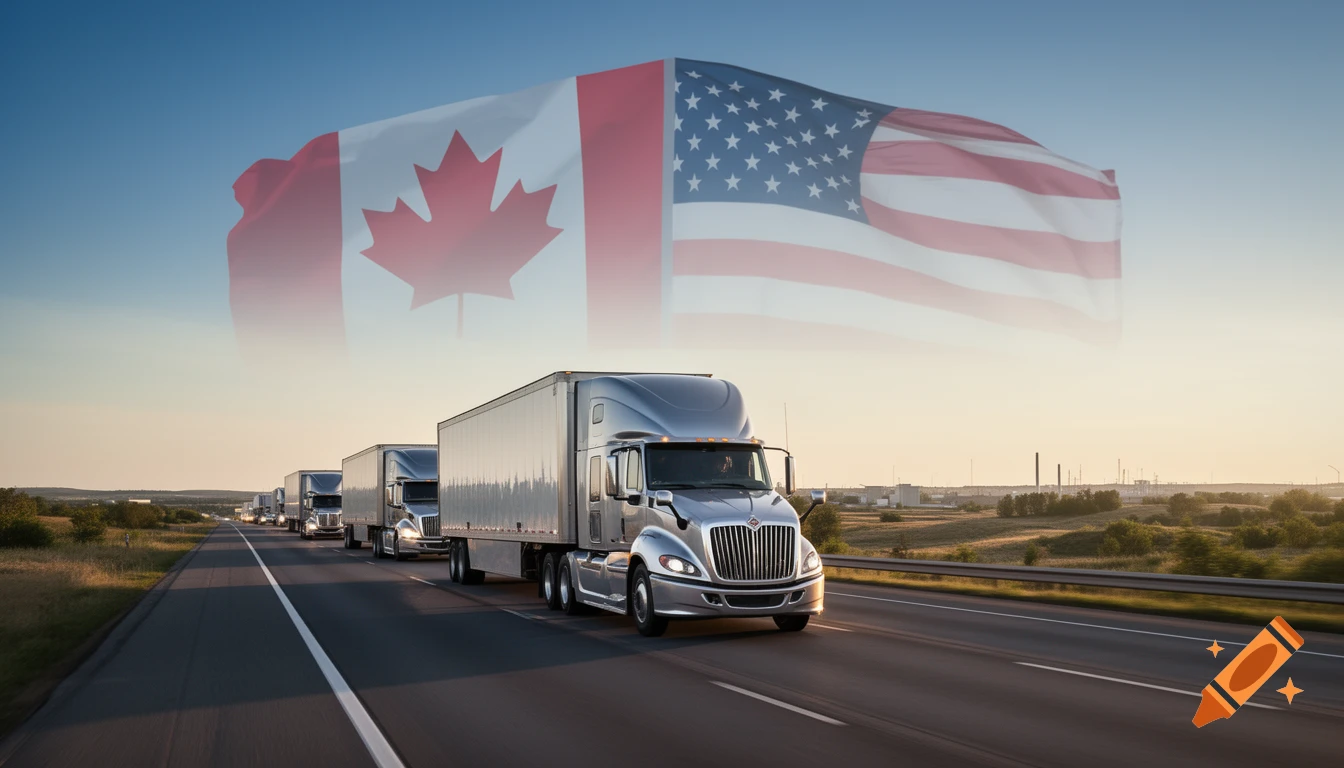 Silver semi-trailer trucks driving on a highway at sunset. Transparent Canadian and US flags are overlaid in the sky.