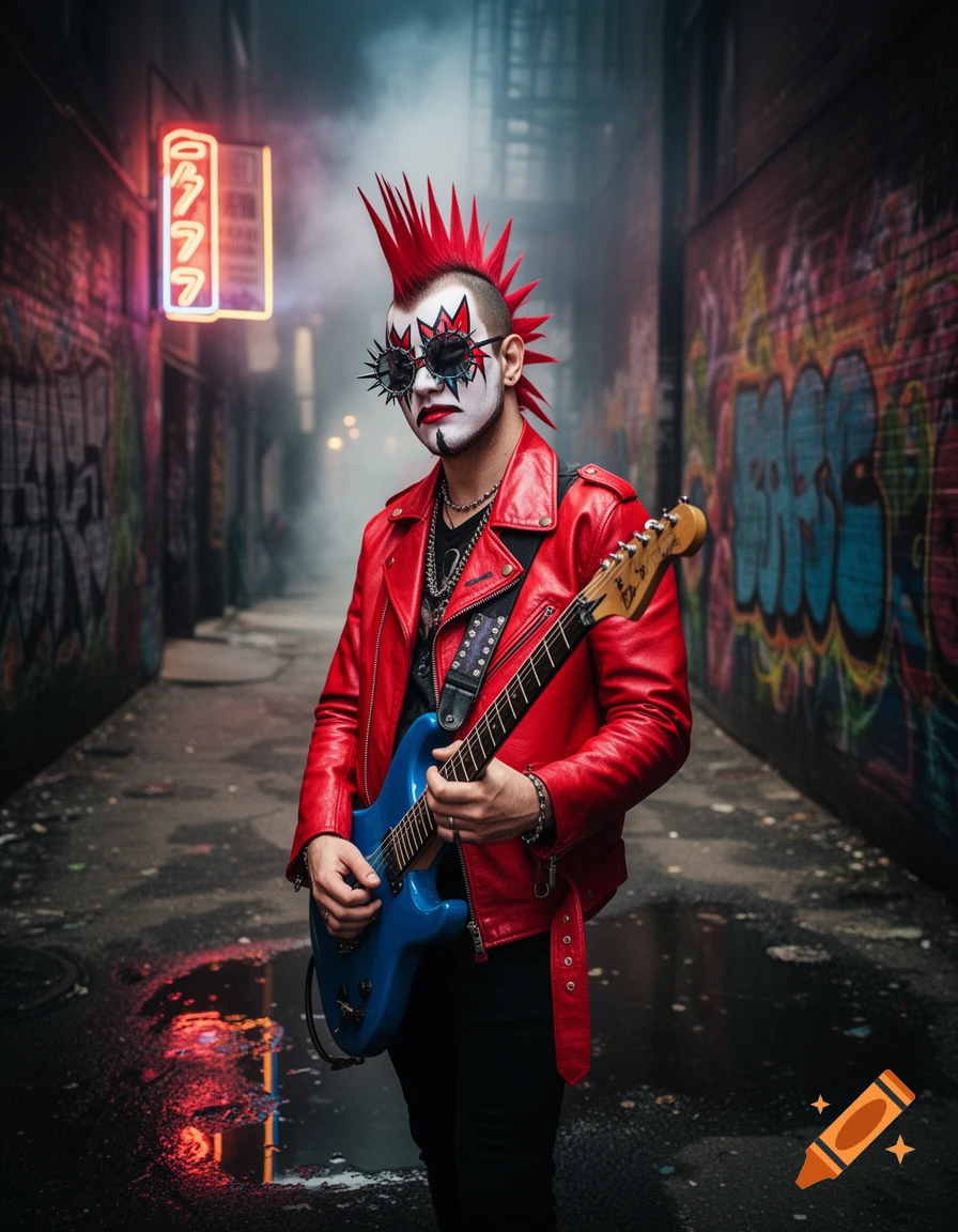 A punk rock man with a red mohawk, white Kiss-like face paint, spiked sunglasses, and a red leather jacket holds a blue electric guitar in a dark, graffiti-covered alley.
