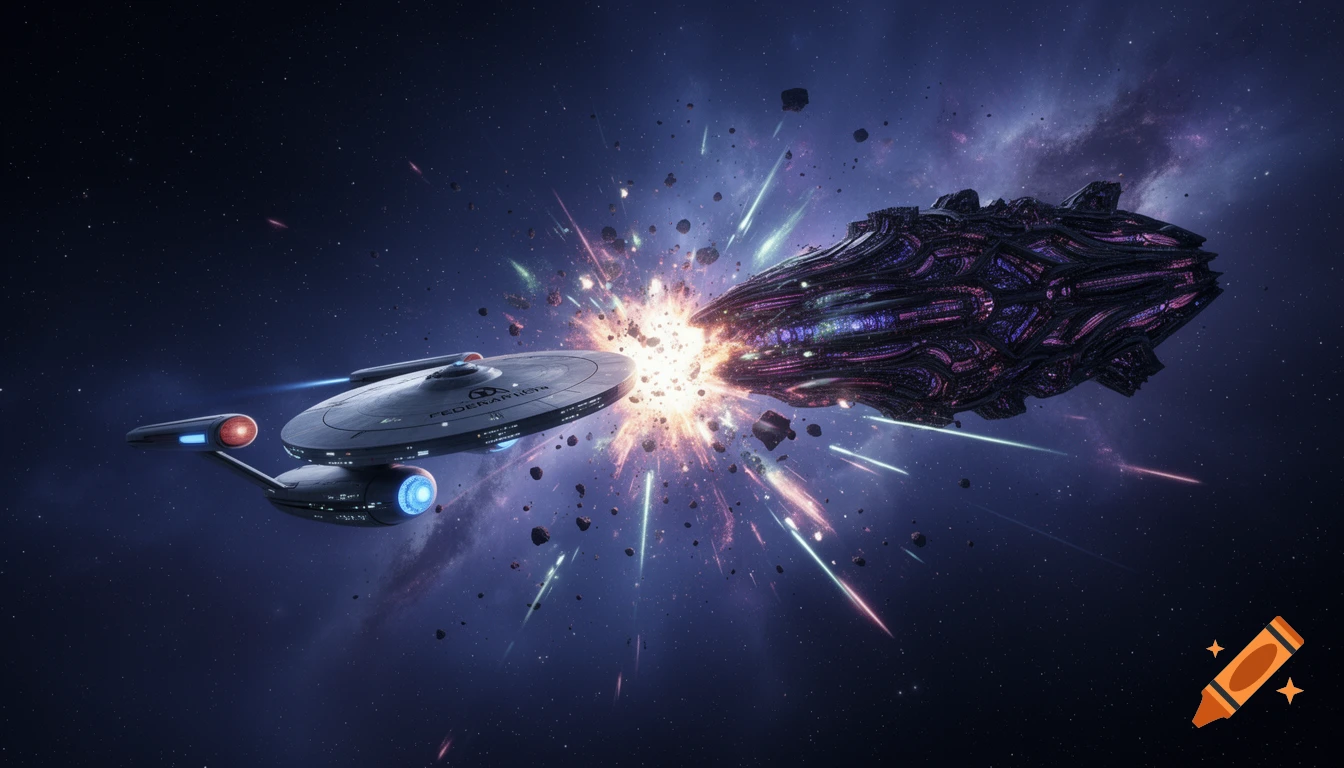 A Star Trek-like Enterprise spaceship battles a dark, alien vessel, engulfed in a vibrant explosion with debris in deep space.