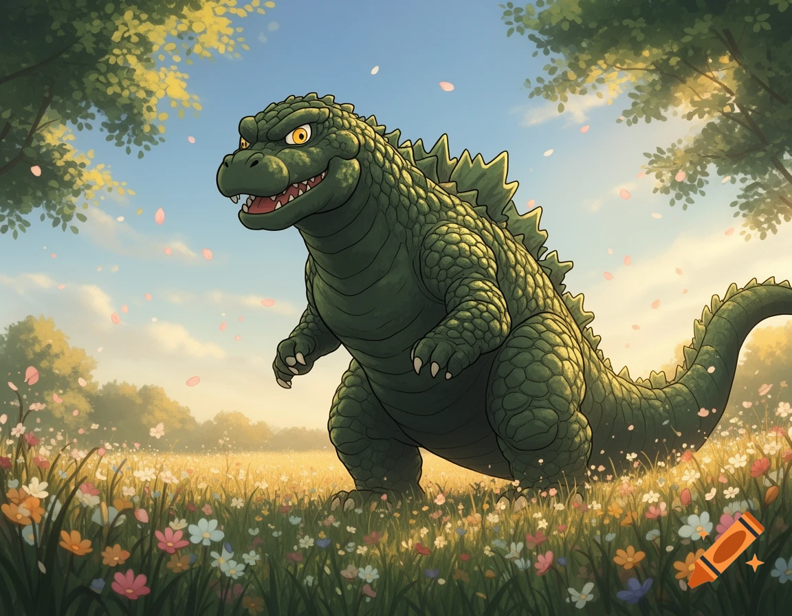 A happy, green cartoon Godzilla stands smiling in a sunny field of colorful wildflowers with trees in the background.