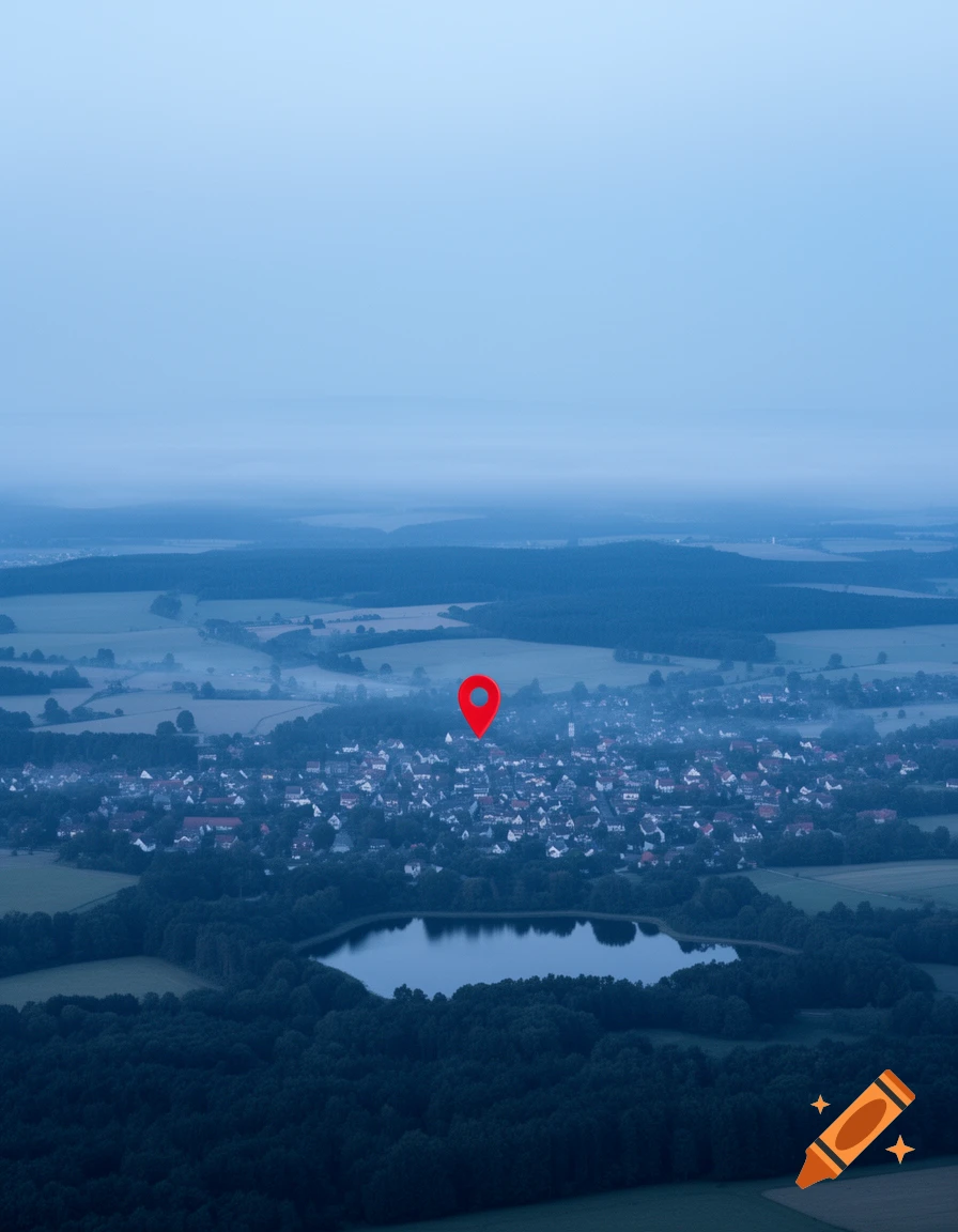 Aerial view of a town with a lake and forests under a misty blue sky, marked by a red location pin.