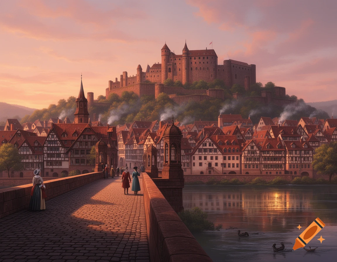 A painterly cityscape of a historical European town and castle on a hill, with people on a stone bridge over a river at sunset.
