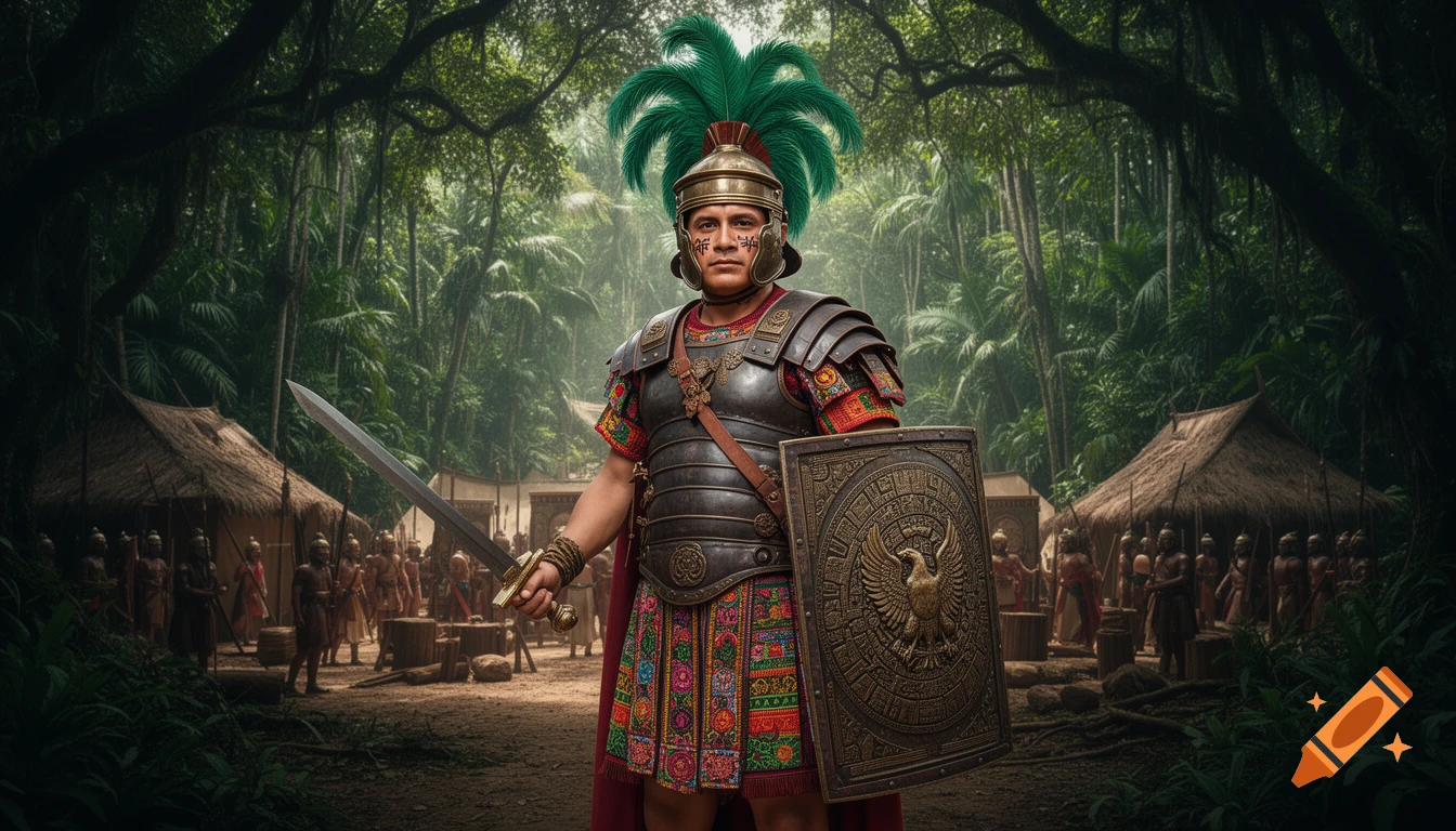 A Mayan warrior in Roman armor with a green feathered helmet, holding a sword and shield, stands in a tropical jungle camp.