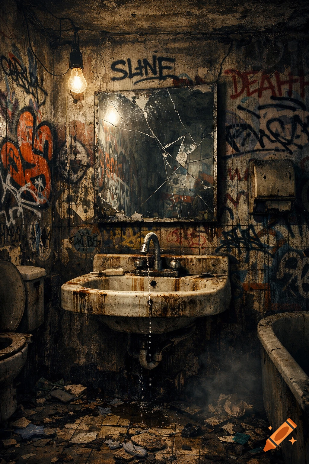 A dark, dilapidated abandoned bathroom with graffiti-covered walls, a broken mirror, a rusty sink leaking water, and a toilet.