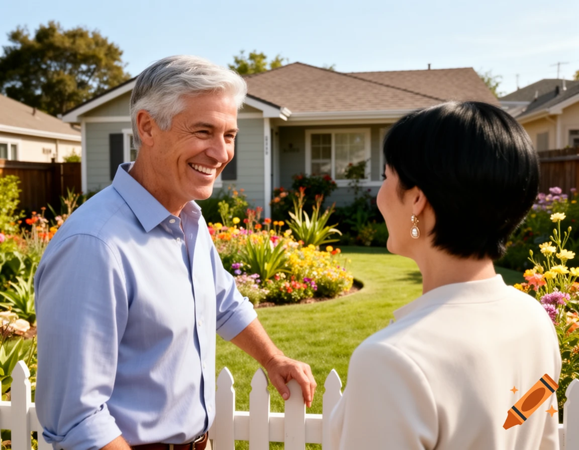 A smiling grey-haired man talks to a black-haired woman (seen from behind) over a white picket fence in a sunny garden with flowers.