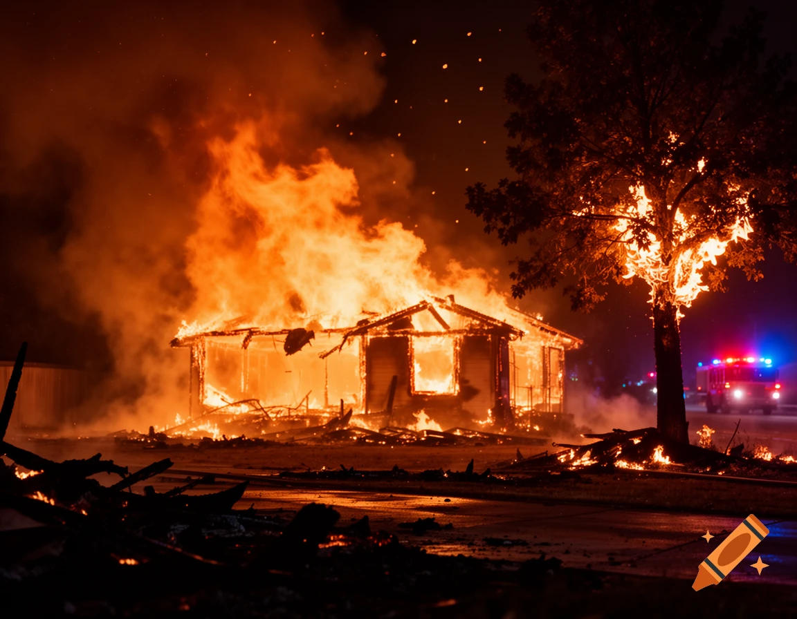 A house and a tree are fully engulfed in bright orange flames at night, with a fire truck in the background.