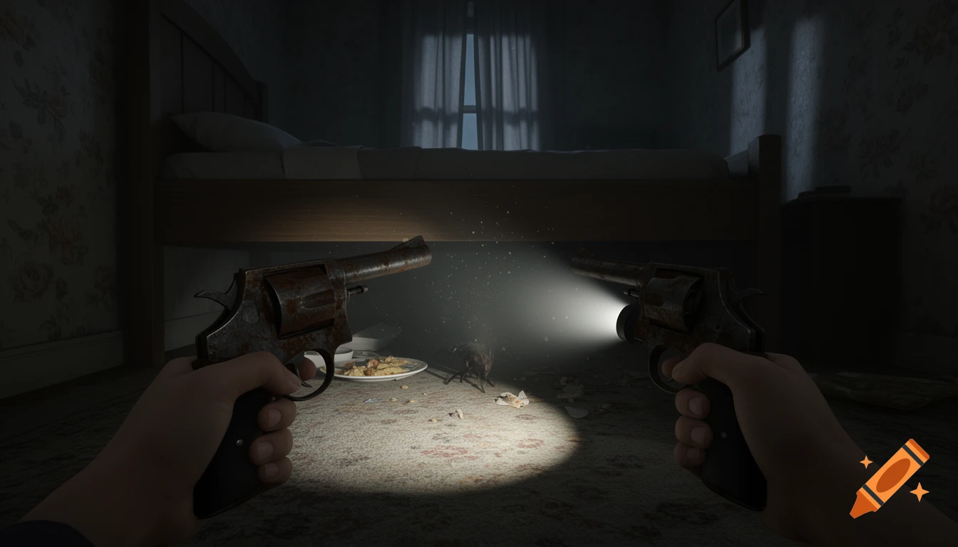 First-person view of hands holding two rusty revolvers, one with a flashlight beam, pointed under a bed in a dark room.