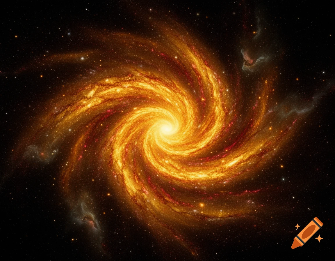 A fiery golden spiral galaxy with a bright core, surrounded by dark space filled with numerous stars and faint nebulae.