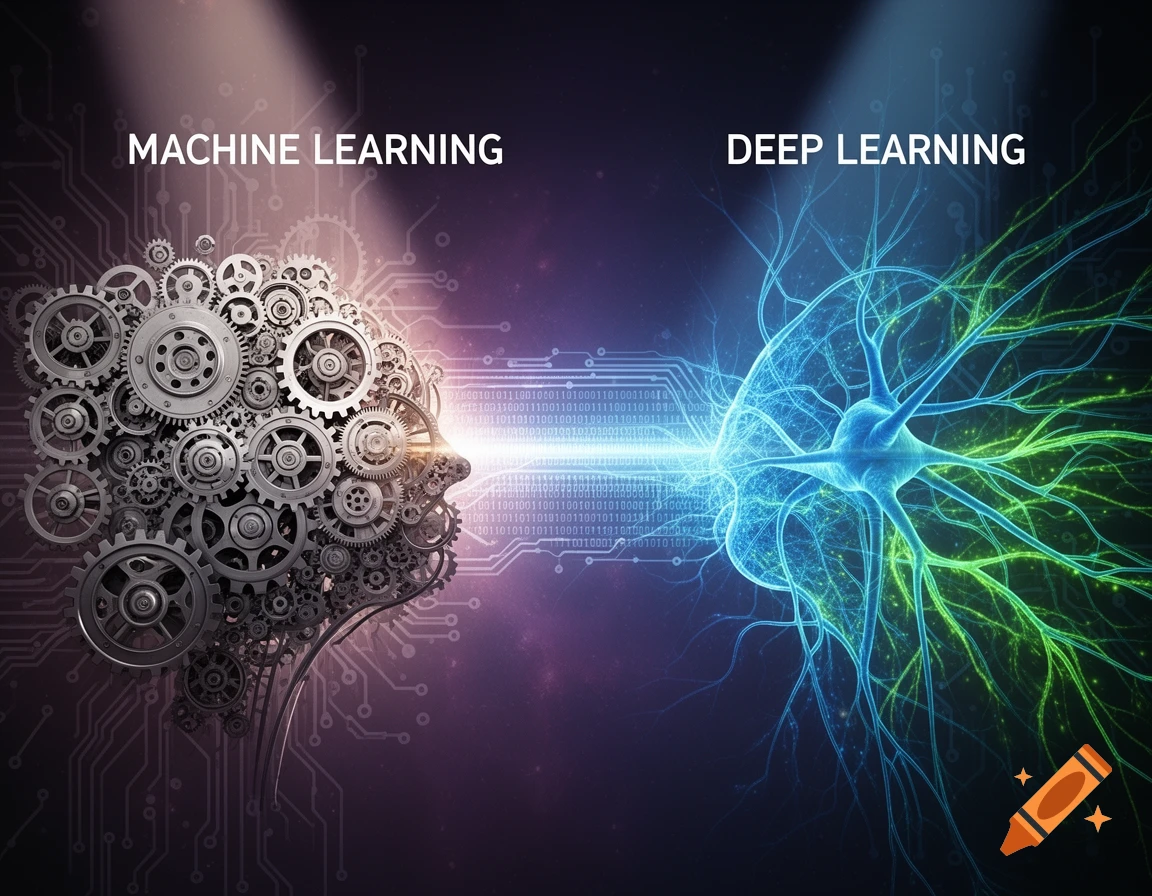 Abstract comparison of Machine Learning (human head made of gears) and Deep Learning (glowing neural network) concepts.