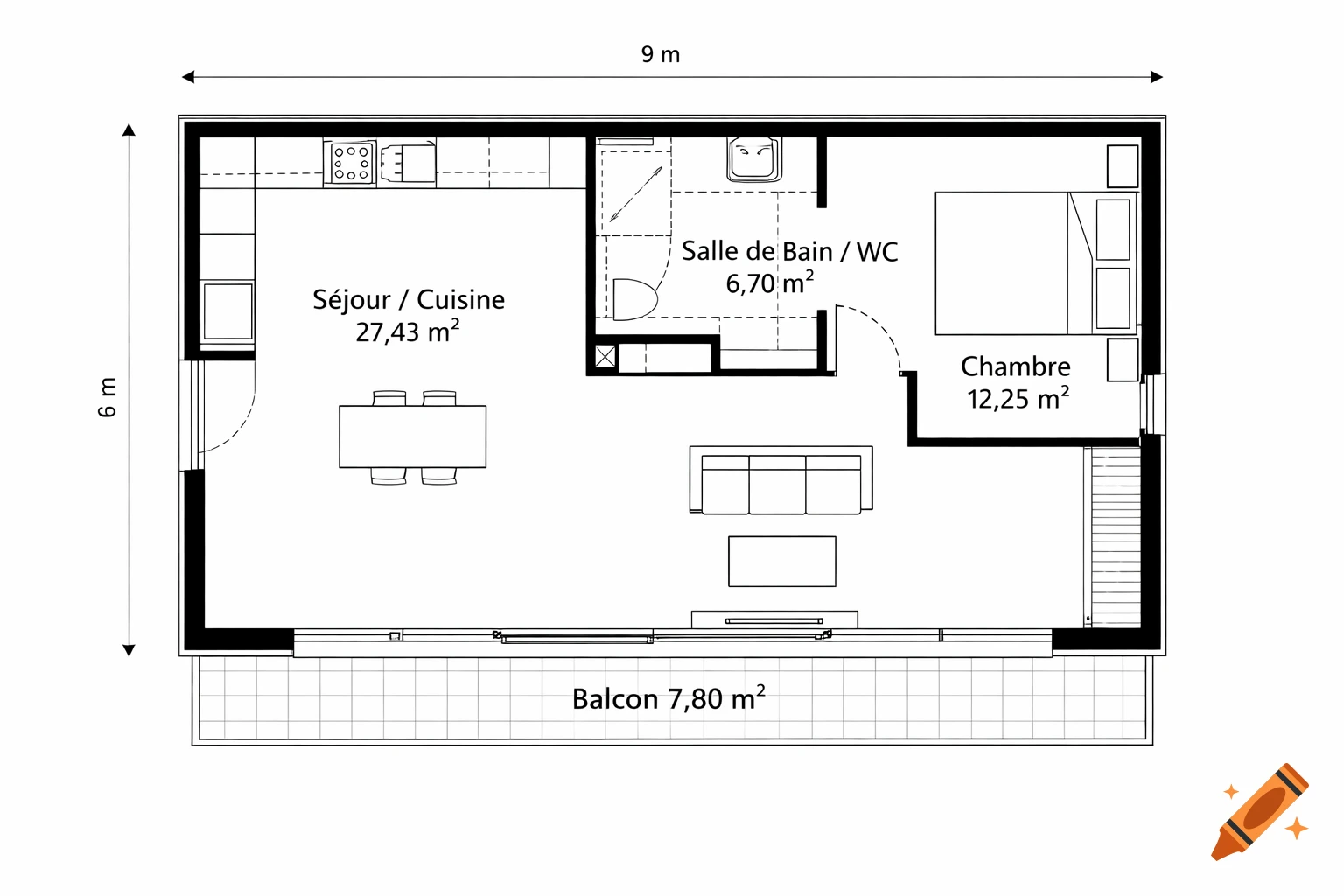Clean 2D architectural floor plan of a French T2 apartment, 9x6m, featuring a living/kitchen, bedroom, bathroom, and balcony with dimensions.