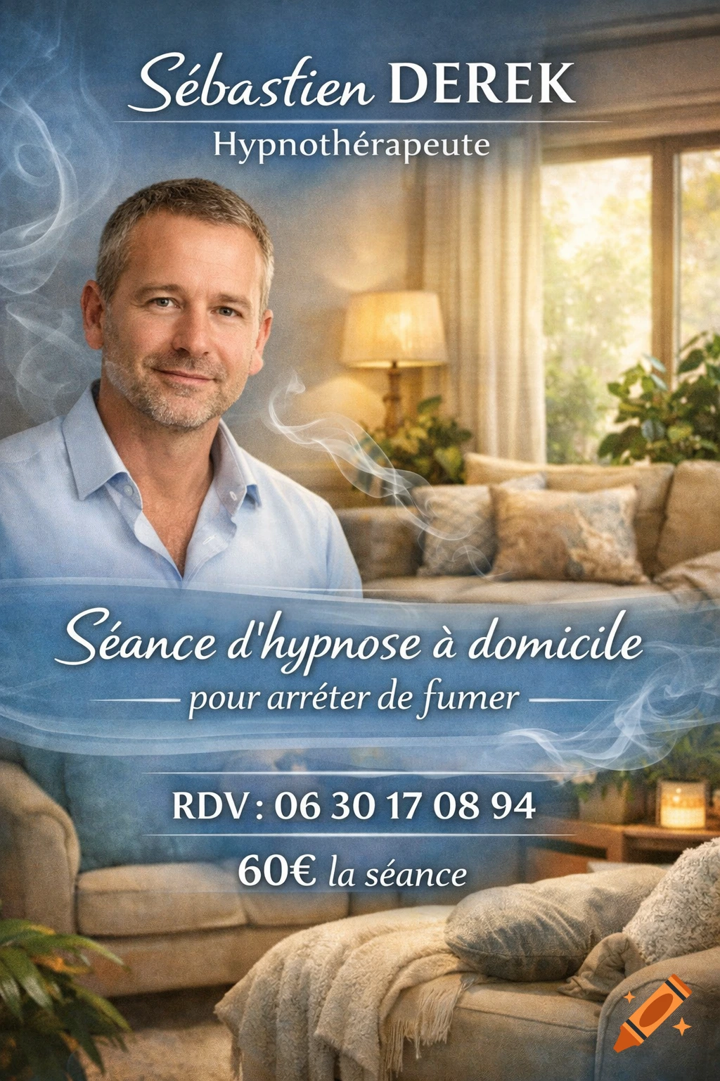 Flyer for hypnotherapist Sébastien DEREK featuring a smiling man in a living room, advertising hypnosis sessions.