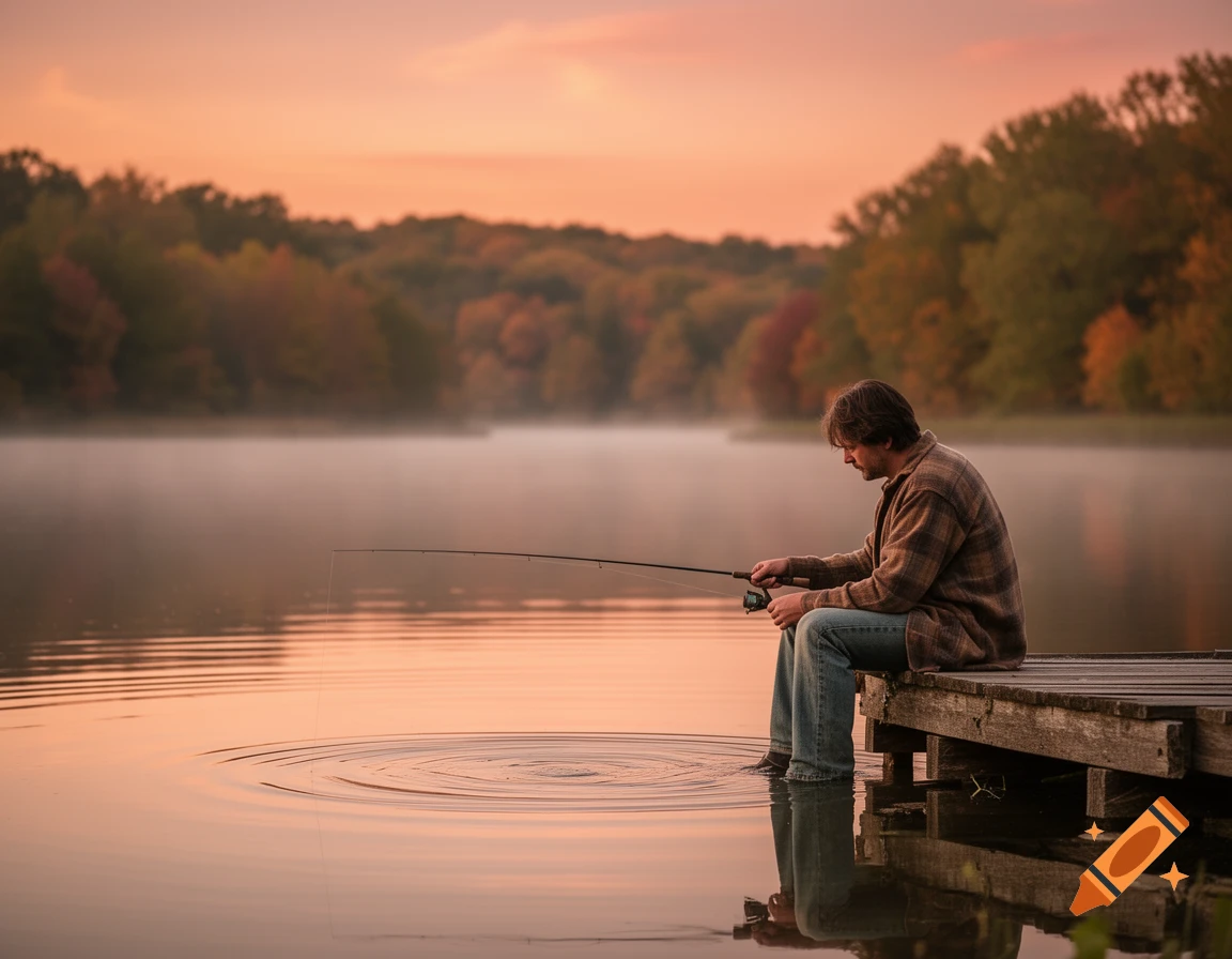 A man sits on a wooden dock, fishing in a misty lake at sunrise or sunset, with autumn trees in the background.